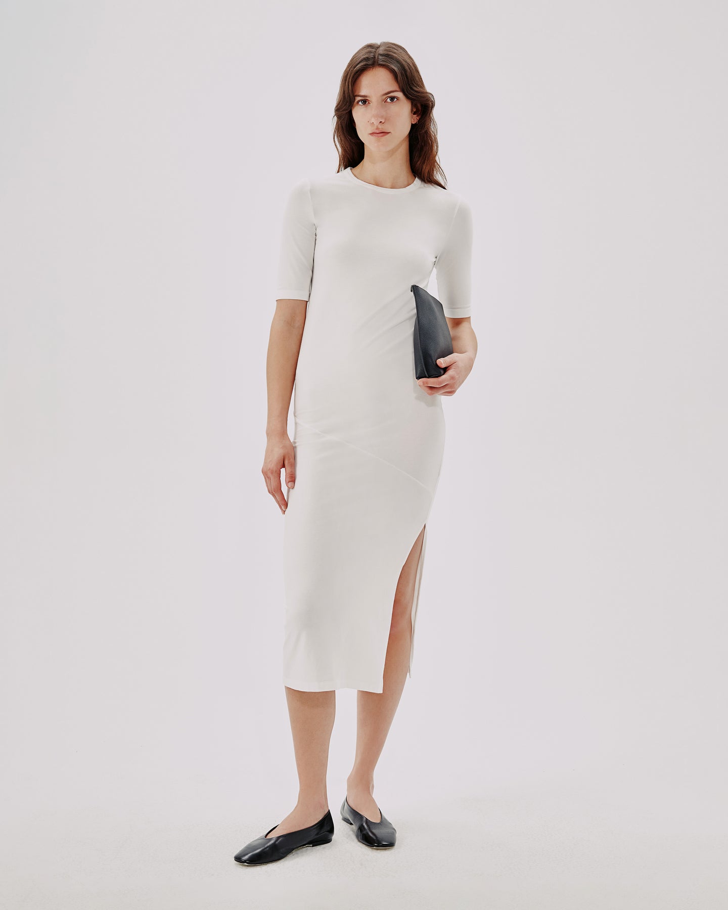 Another Tomorrow Elbow Sleeve Dress in White – Cotton Women's Dress