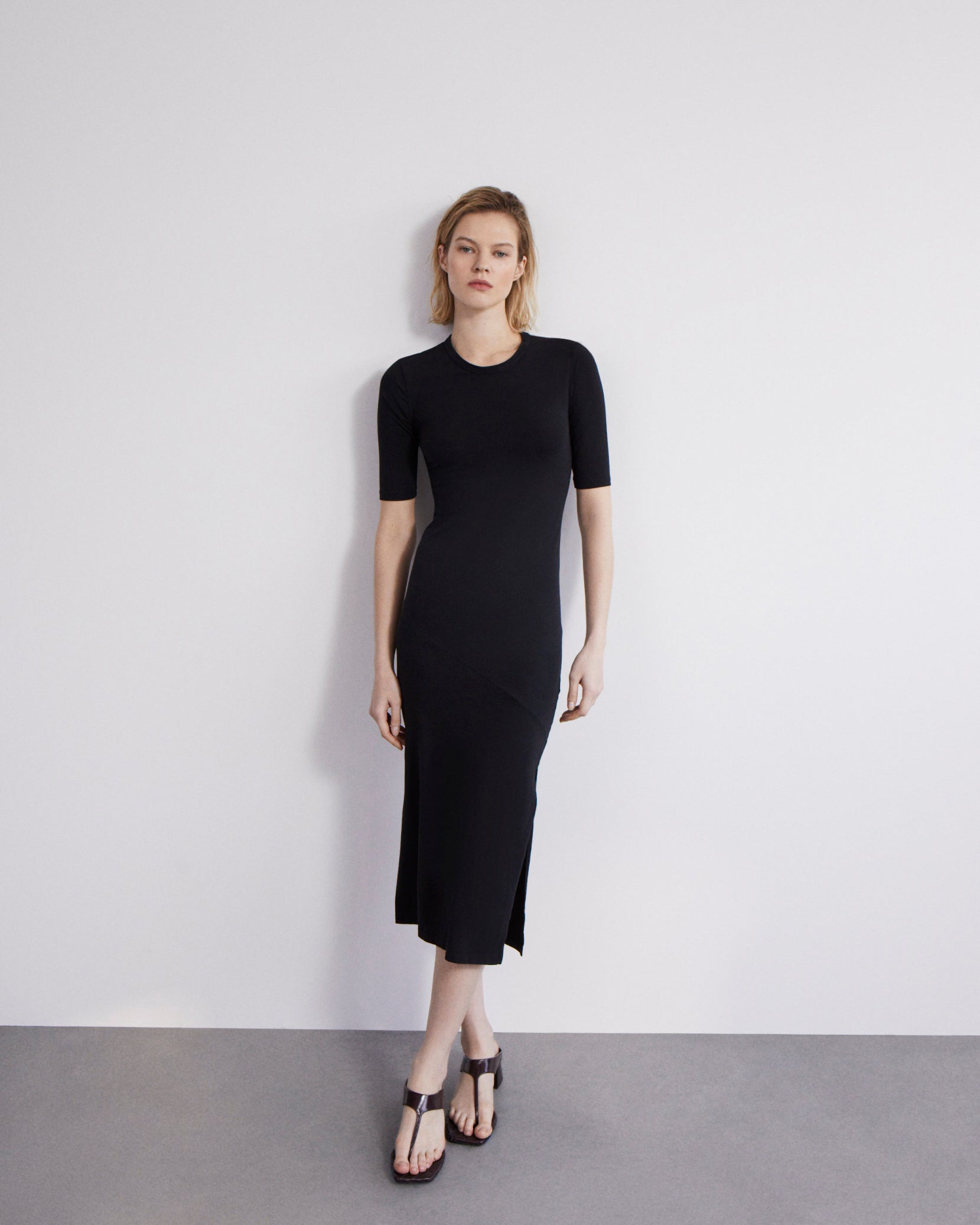 Another Tomorrow Elbow Sleeve Dress | Black in Another Tomorrow Elbow Sleeve Dress | Black in