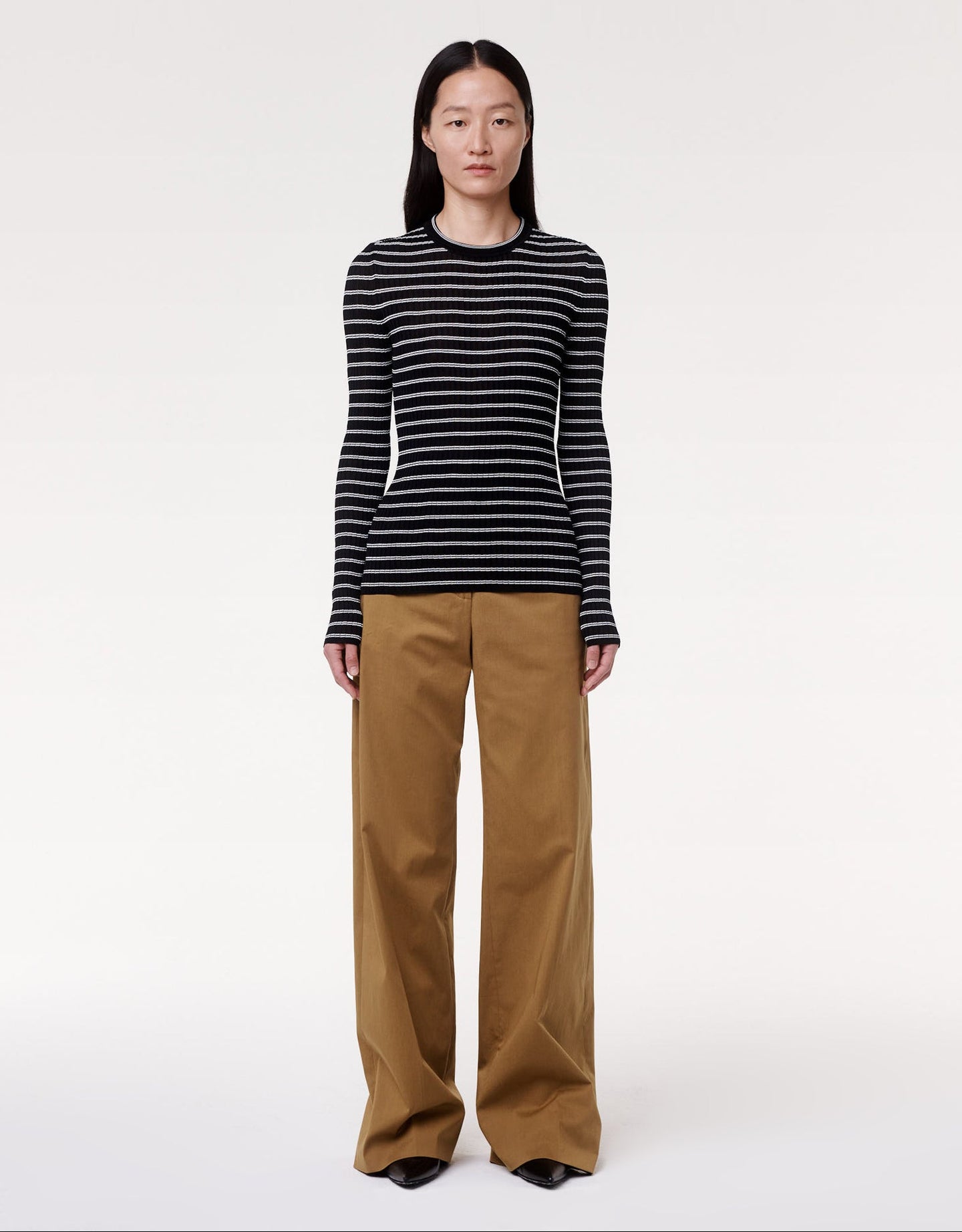 Another Tomorrow Fitted Long Sleeve Knit in Black/White – Viscose Women's Knitwear