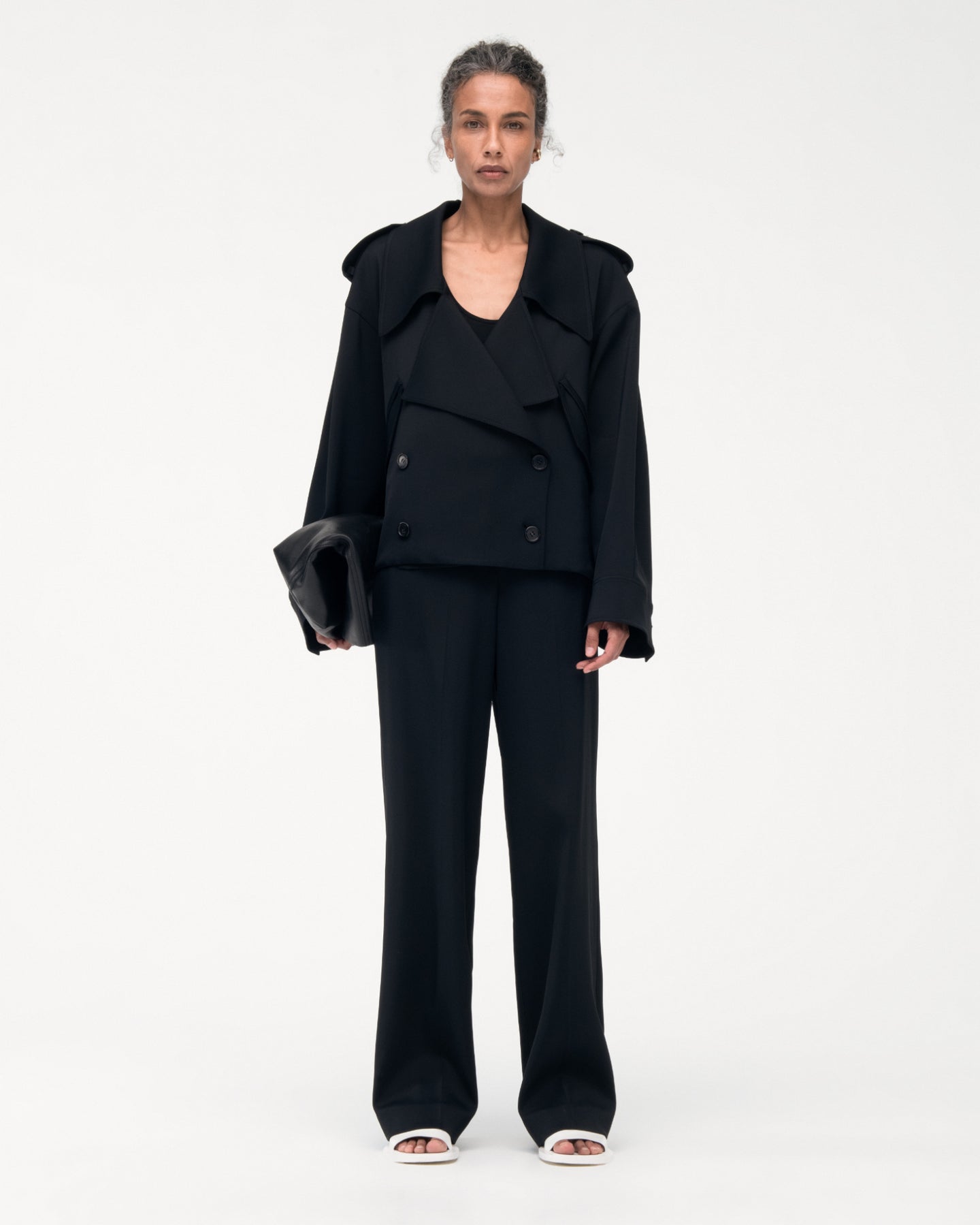 Another Tomorrow Fluid Cropped Trench in Black – Viscose Women's Outerwear