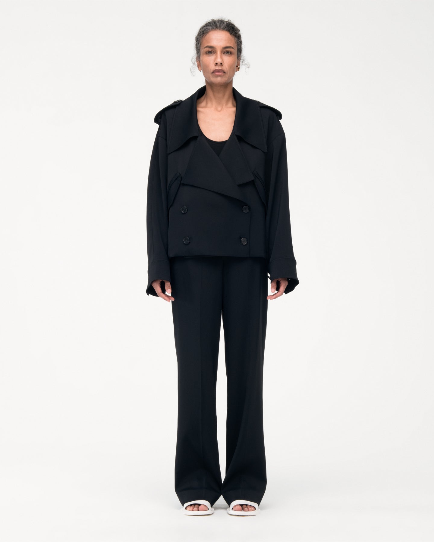 Another Tomorrow Fluid Cropped Trench in Black – Viscose Women's Outerwear