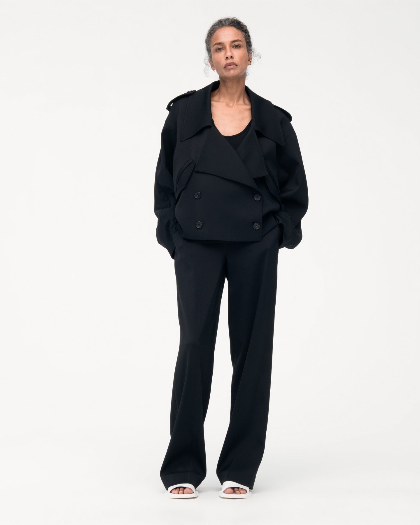 Another Tomorrow Fluid Cropped Trench in Black – Viscose Women's Outerwear