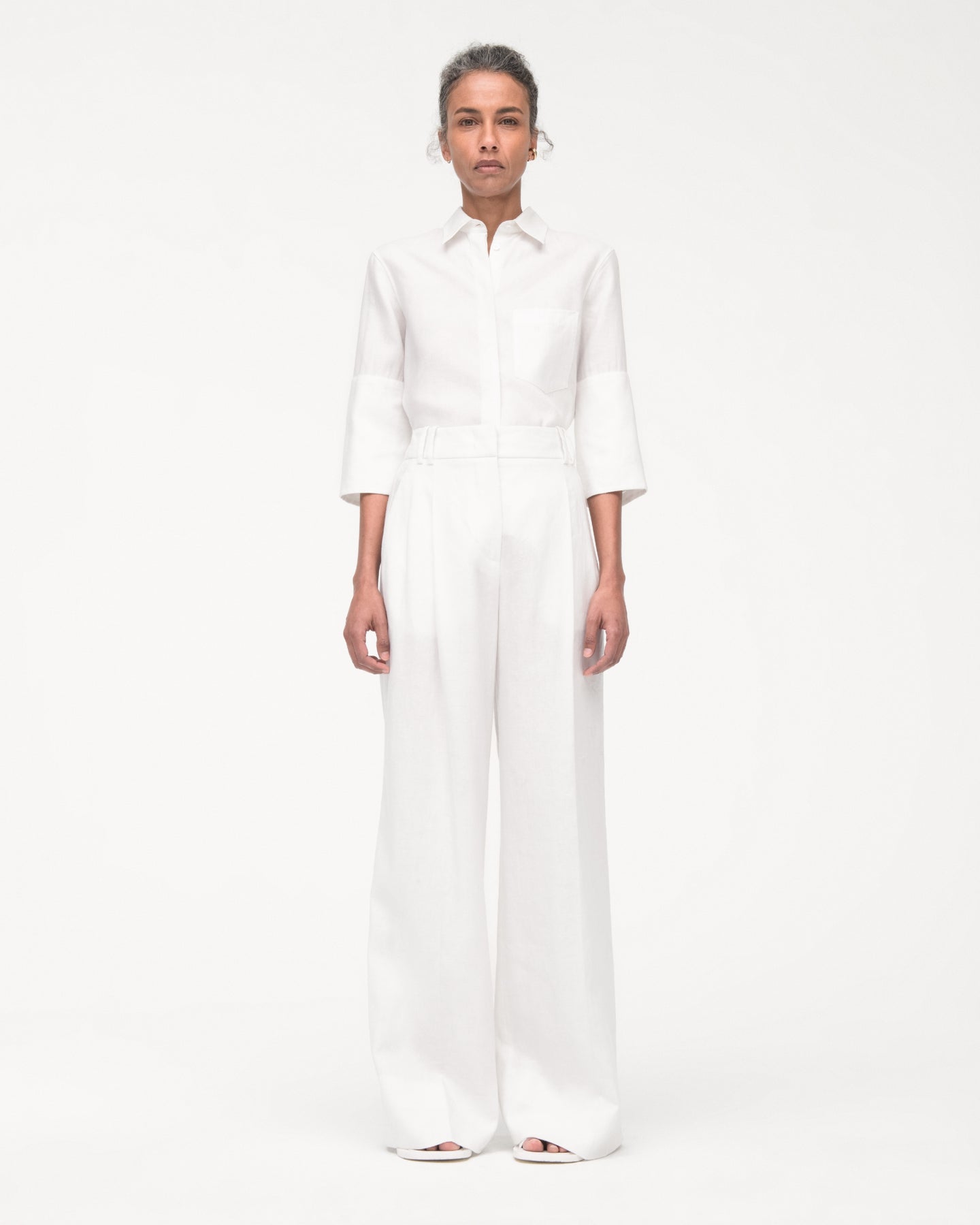 Another Tomorrow Linen French Cuff Blouse in Off White – Linen Women's Top