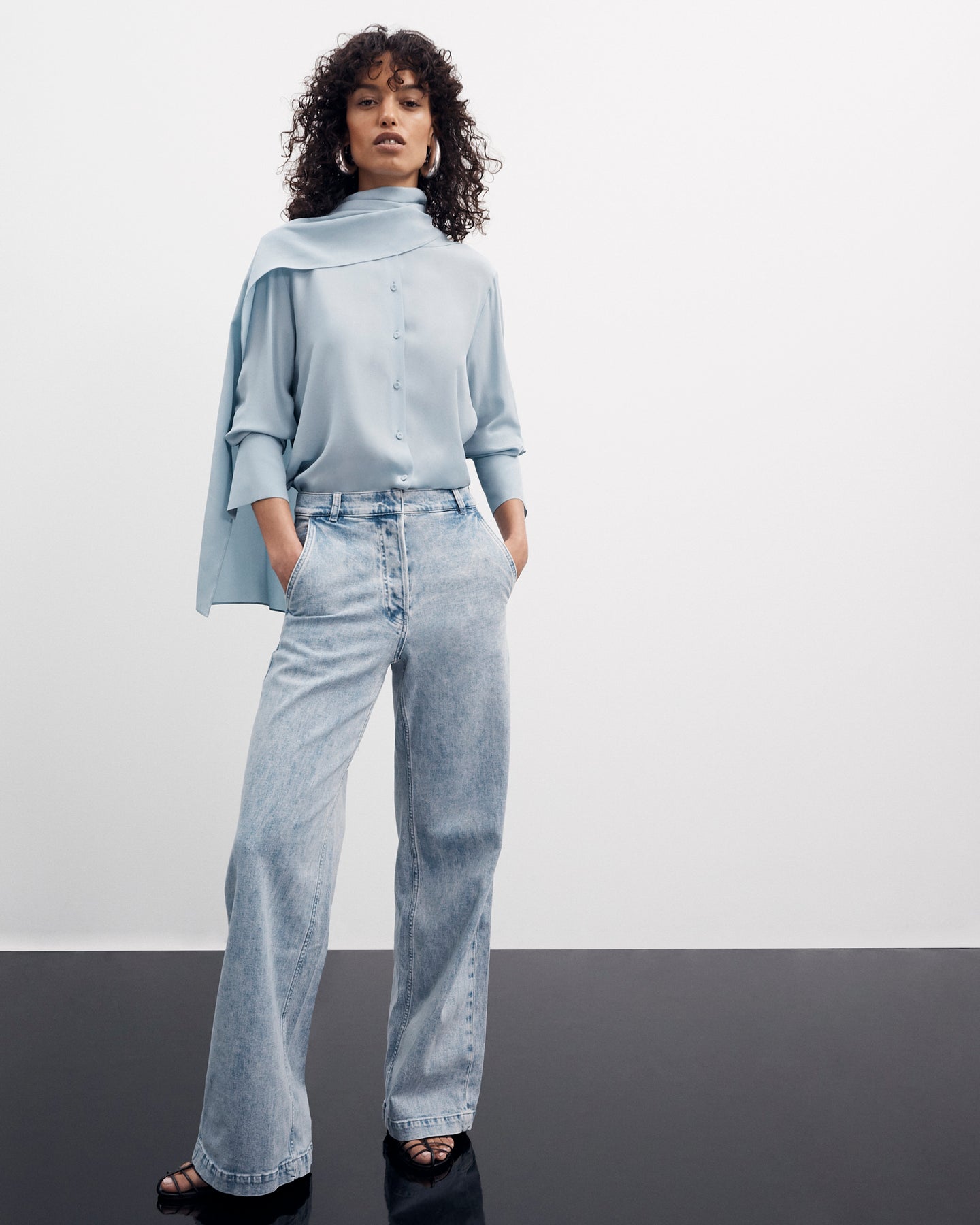 Another Tomorrow Signature Bow Blouse in Dark Mist – Silk Women's Top