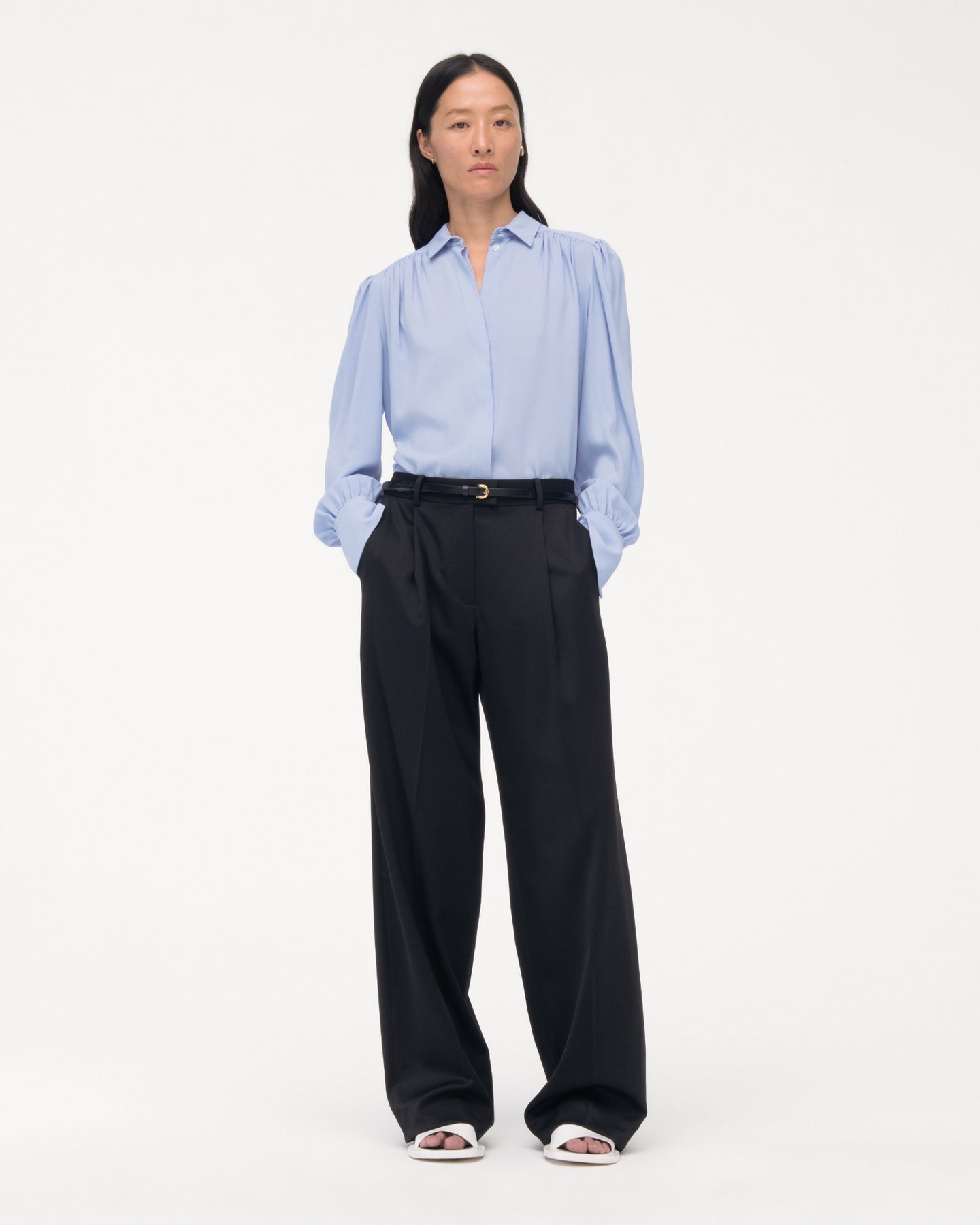 Another Tomorrow Gathered Blouse in Oxford Blue – Viscose Women's Top