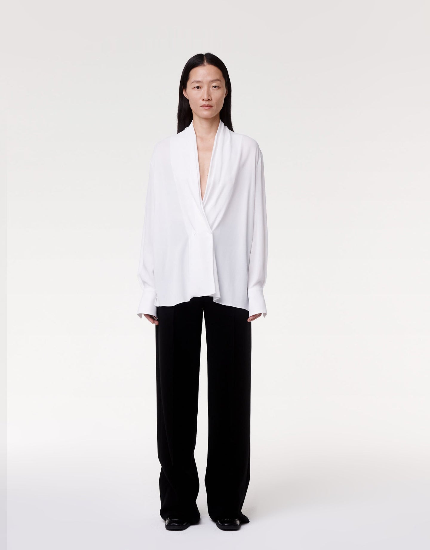 Another Tomorrow Gathered Neckline Blouse in White – Viscose Women's Top