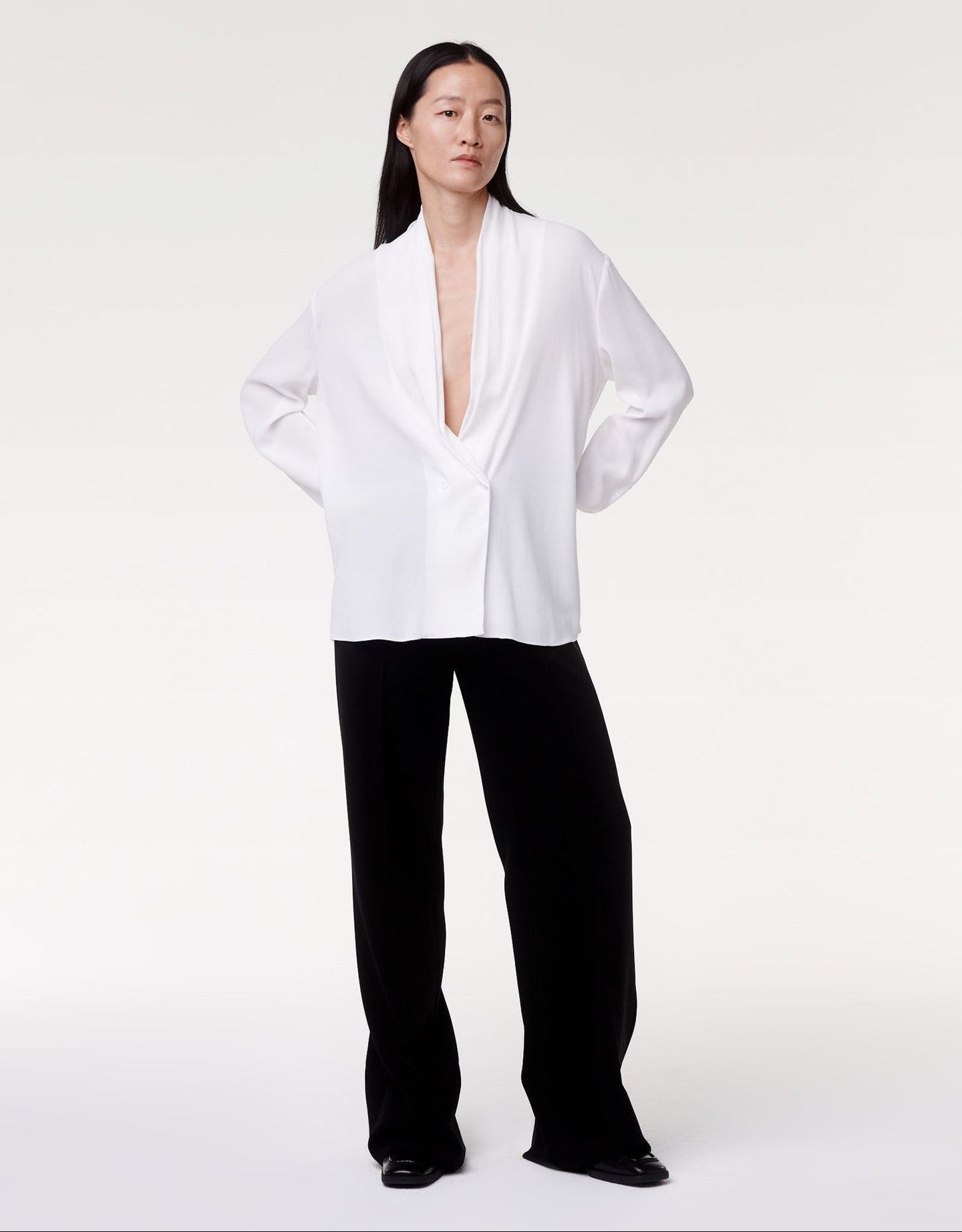 Another Tomorrow Gathered Neckline Blouse in White – Viscose Women's Top