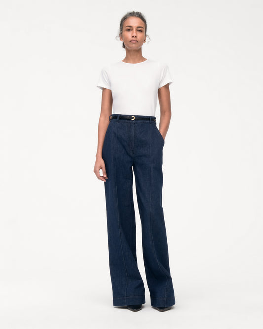 Another Tomorrow High Waisted Denim Trouser in Dark Wash – Cotton Women's Trousers