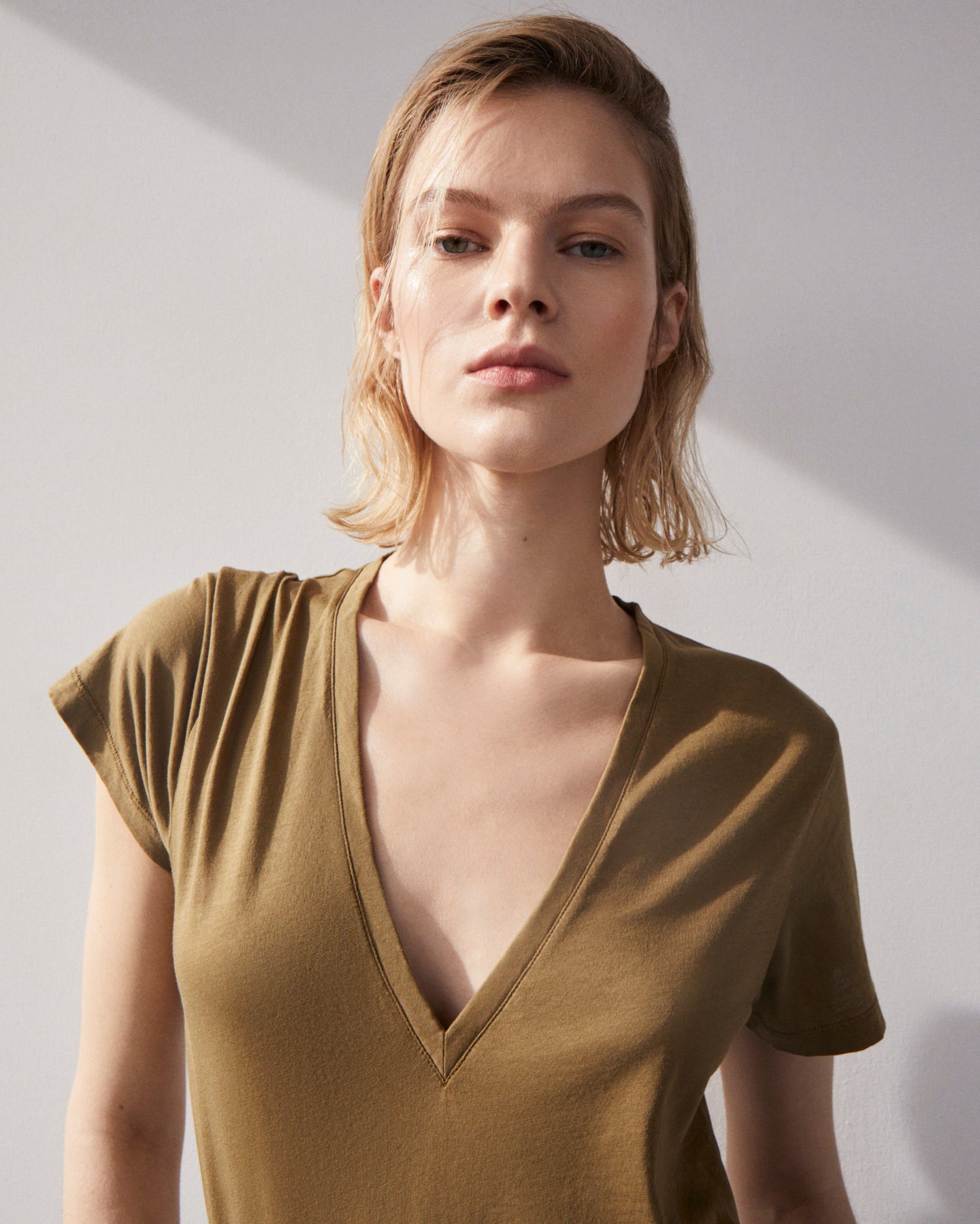 Another Tomorrow V-Neck Tee in Moss – Cotton Women's Top