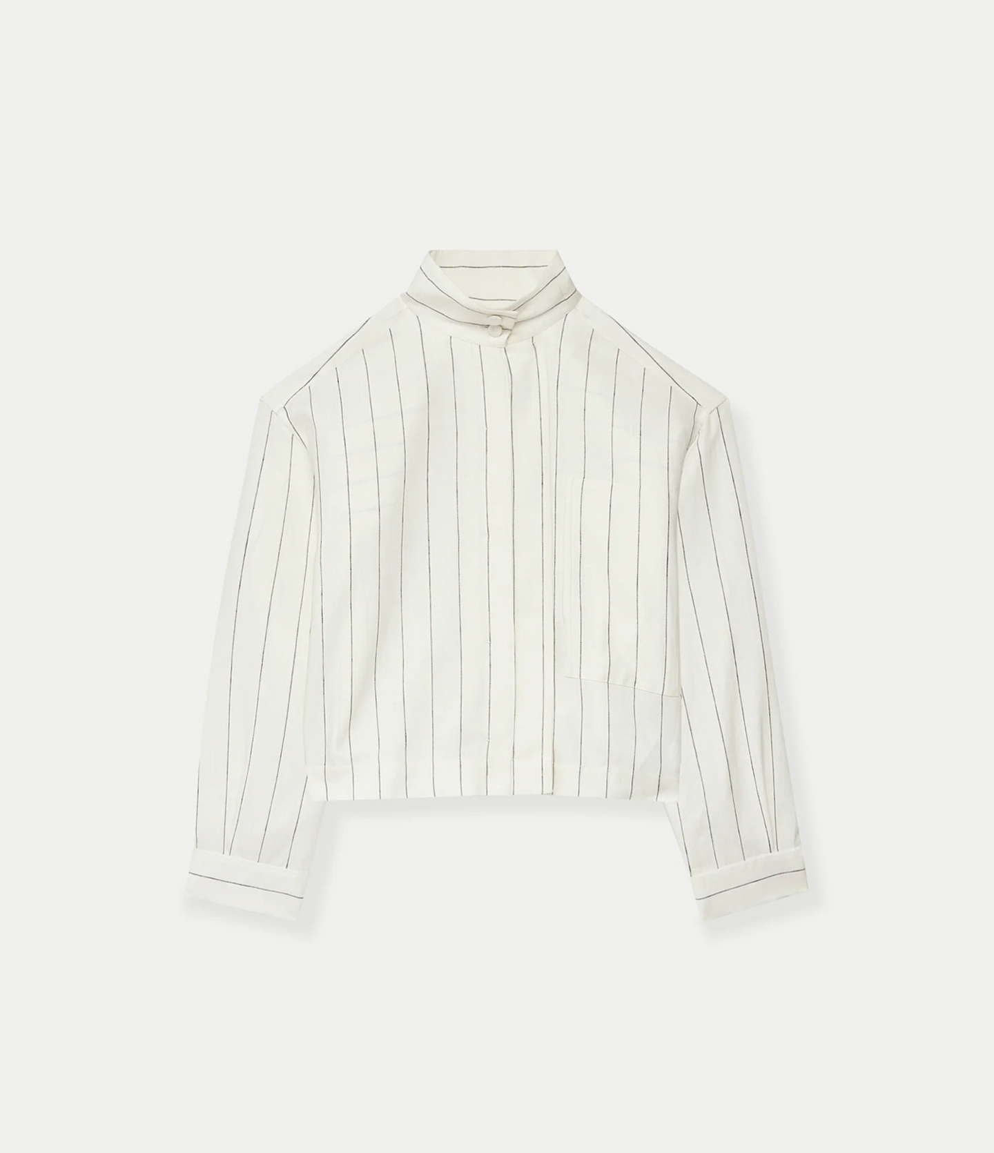 Another Tomorrow Mock Neck Pleat Shirt in Black/Off White – Linen Women's Top