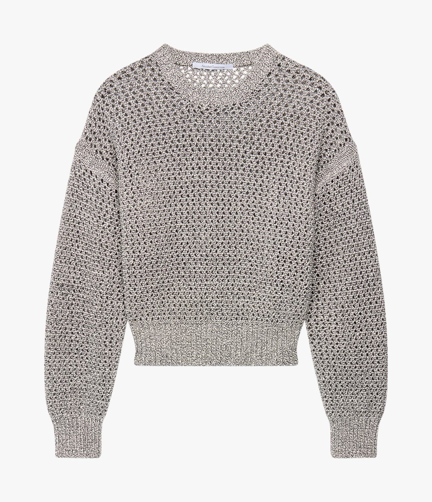 Another Tomorrow Open Knit Crewneck in Black Ecru – Cotton Women's Knitwear