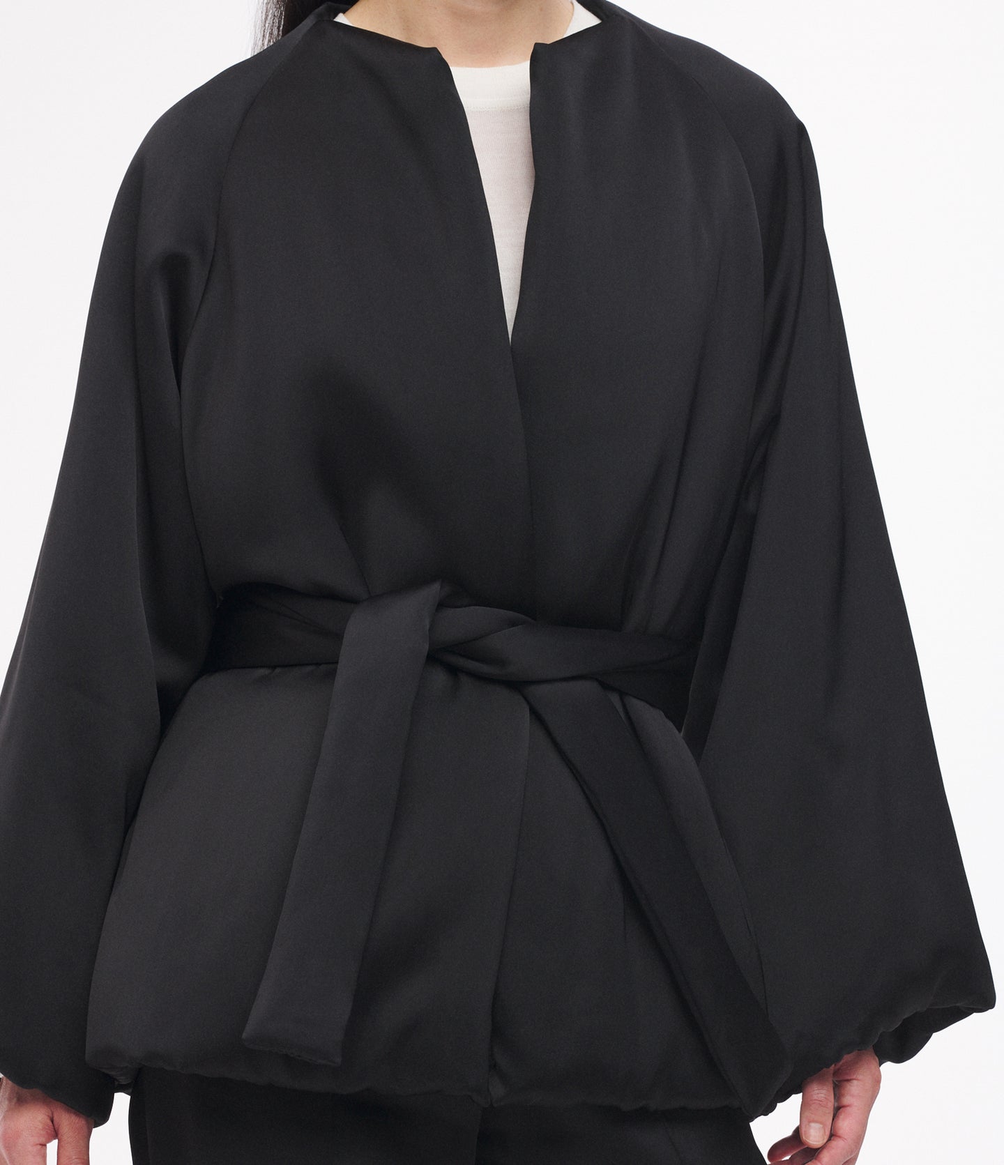 Another Tomorrow Padded Wrap Coat in Black – Satin Women's Outerwear