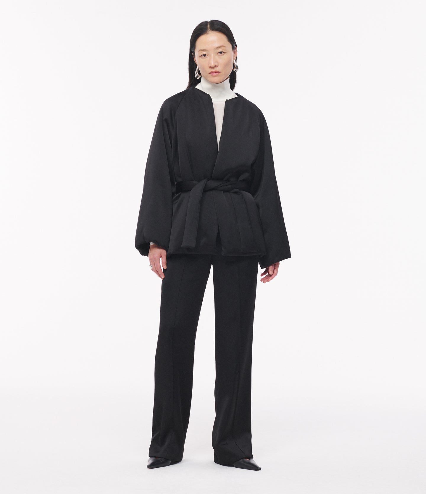 Another Tomorrow Padded Wrap Coat in Black – Satin Women's Outerwear