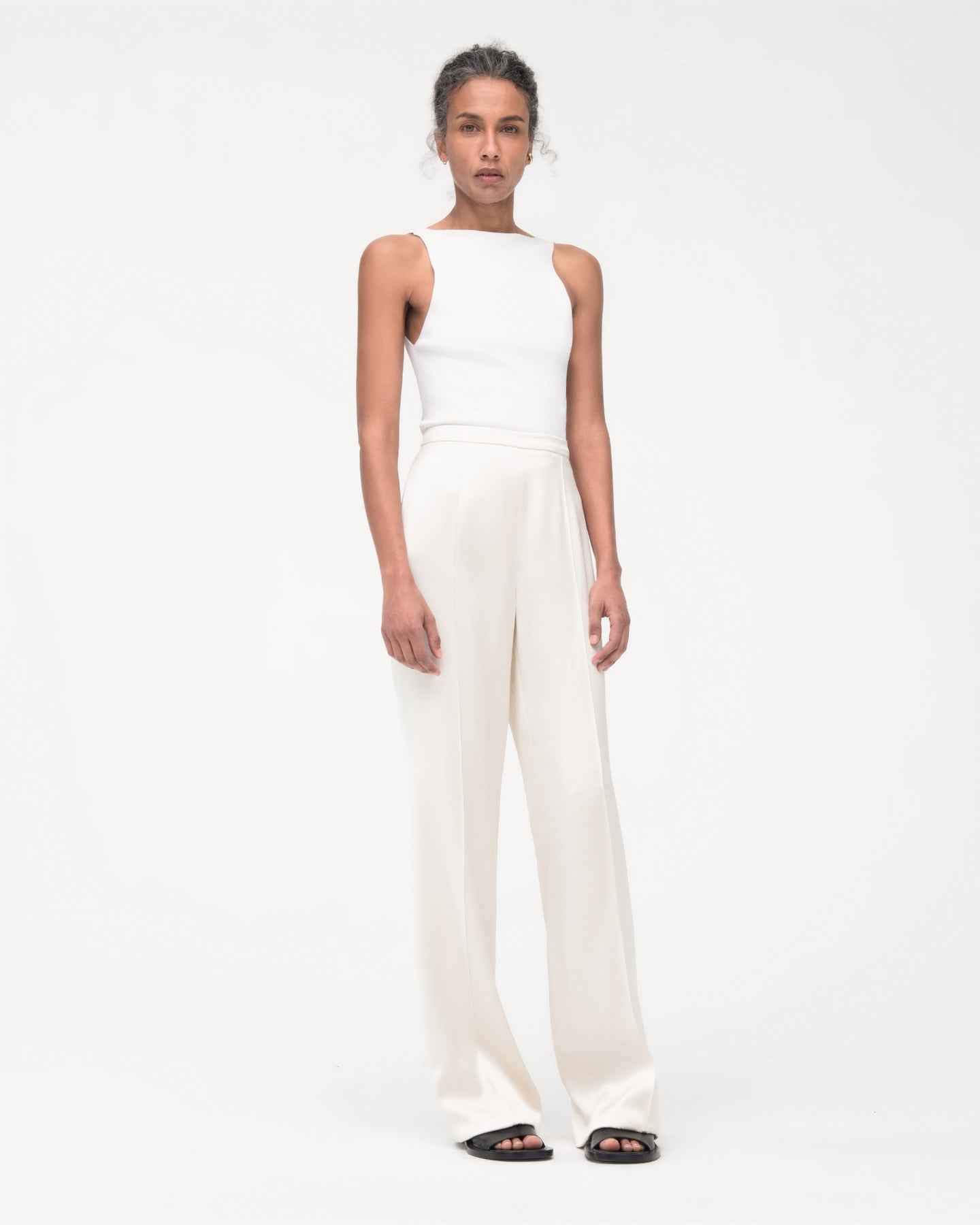 Another Tomorrow Pintuck Trouser in Cream – Satin Women's Trousers