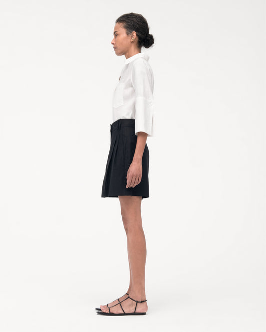 Another Tomorrow Linen Pleated Short in Black – Linen Women's Trousers