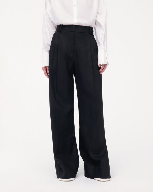 Another Tomorrow Summer Pleated Trouser in Black – Linen Women's Trousers