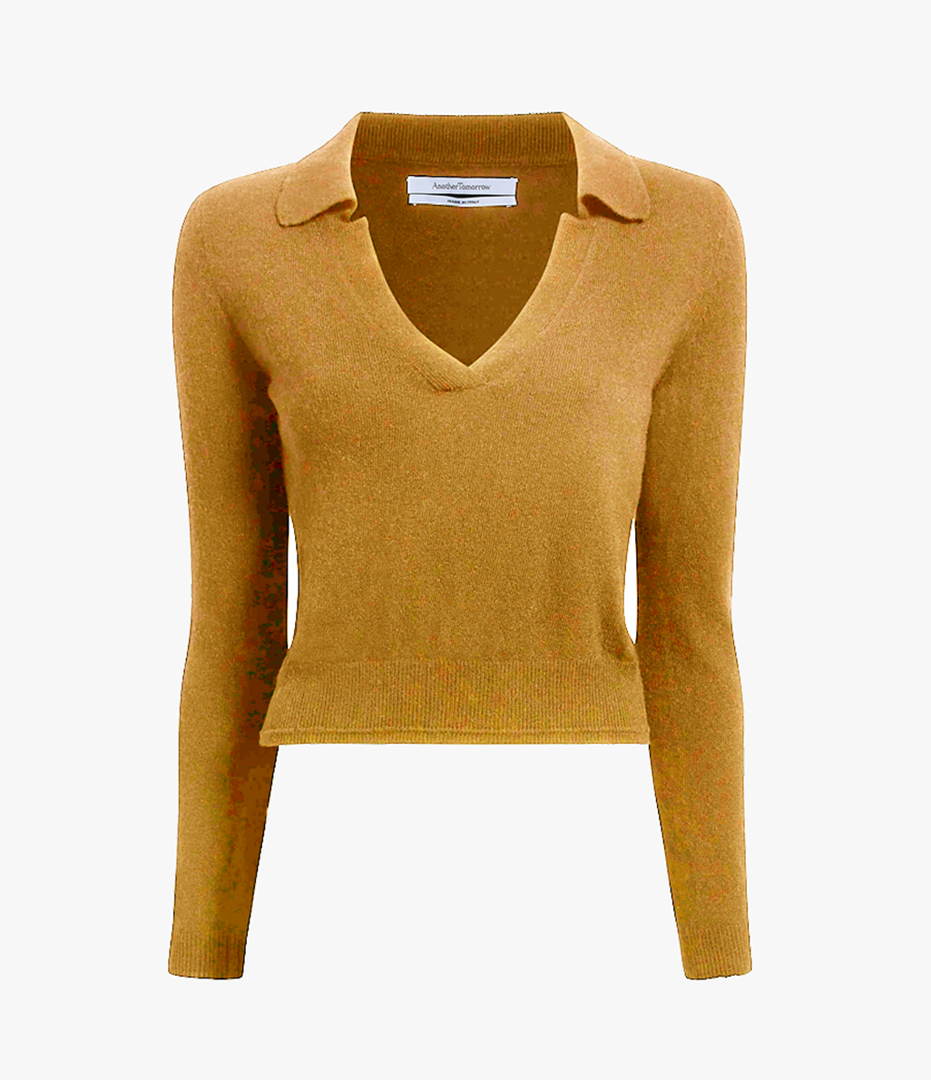 Another Tomorrow Long Sleeve Polo Top in Goldenrod – Cashmere Women's Top