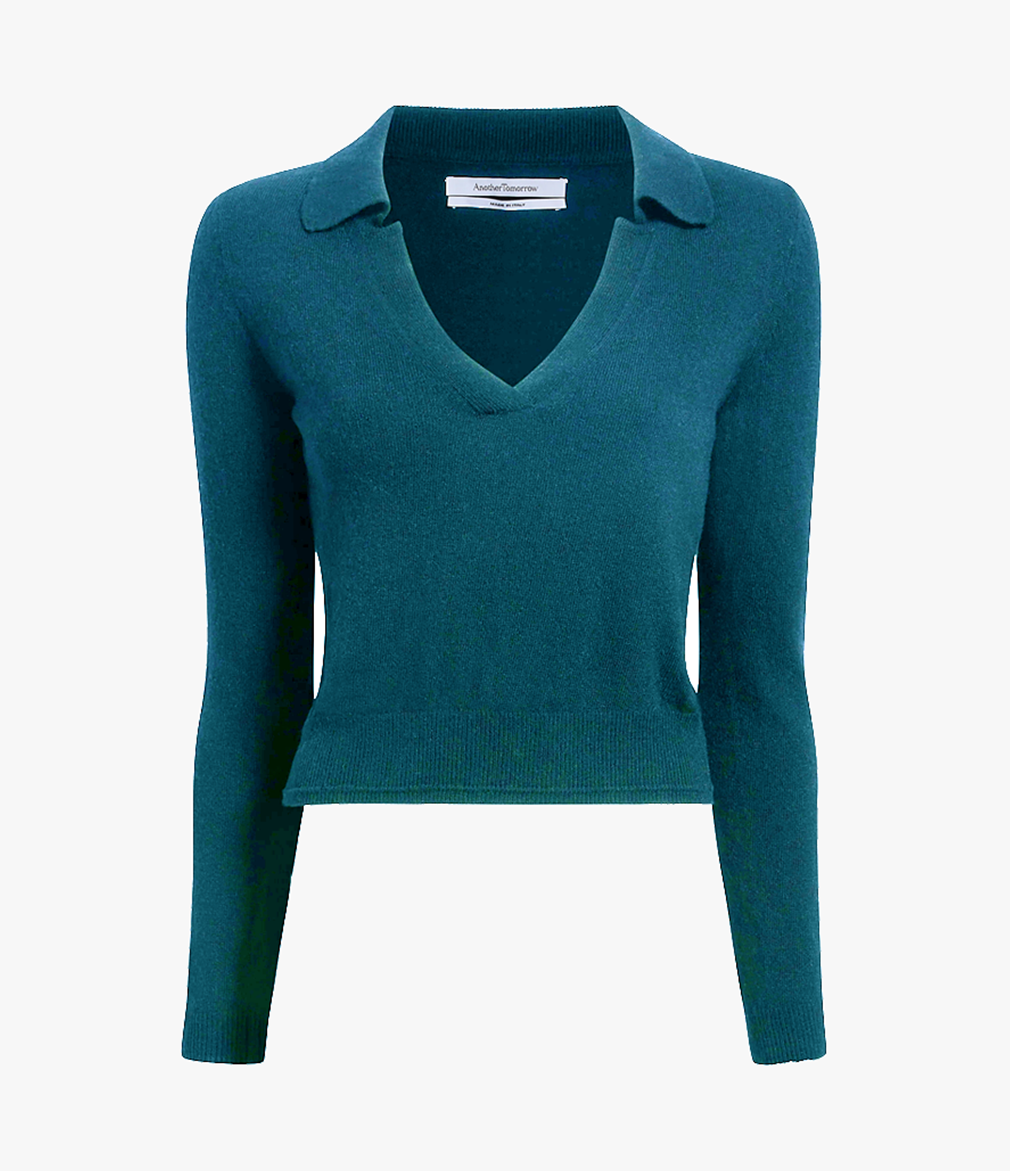Another Tomorrow Long Sleeve Polo Top in Petrol – Cashmere Women's Top