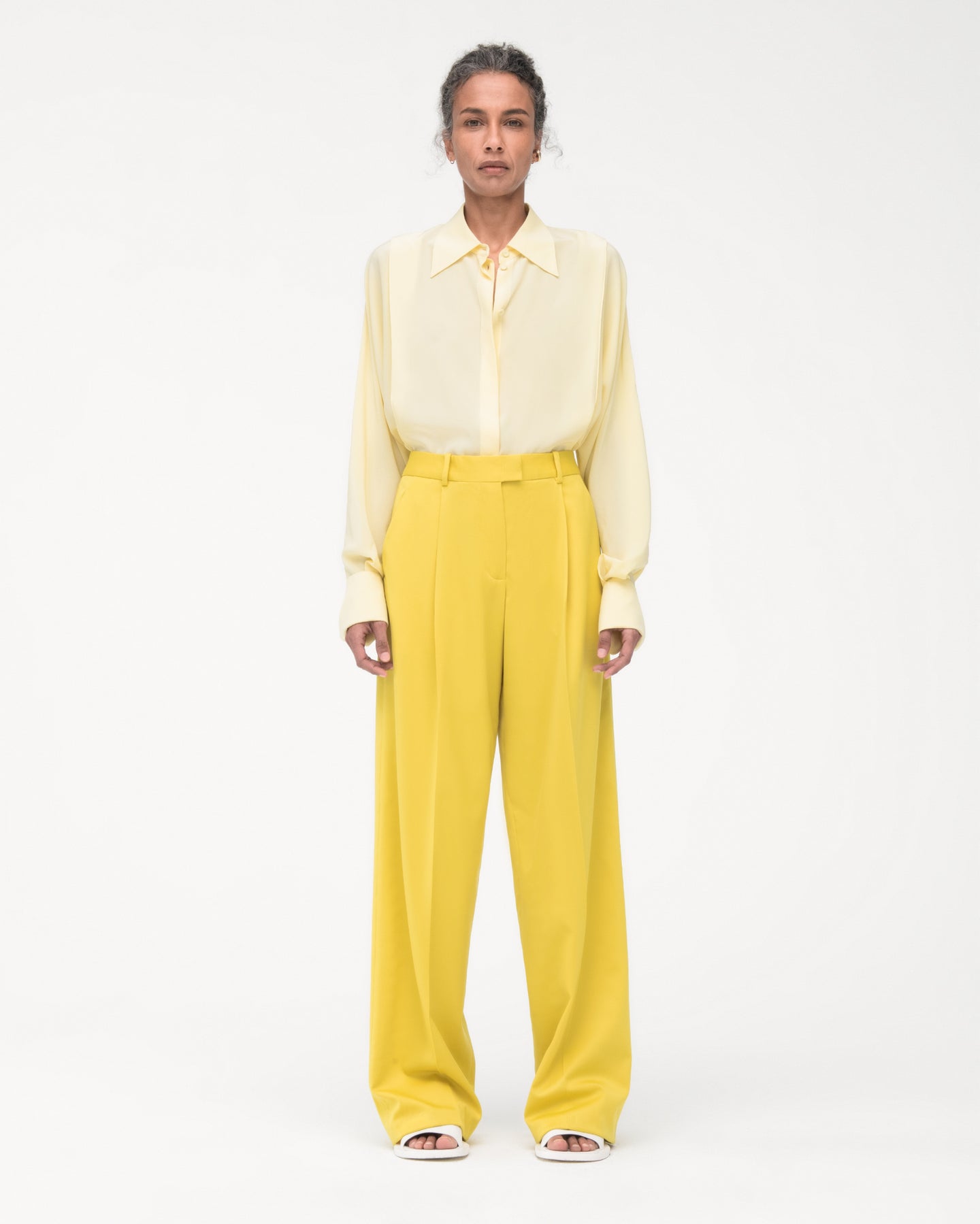 Another Tomorrow Relaxed Wide Leg Pant in Bright Chartreuse – Wool Women's Trousers