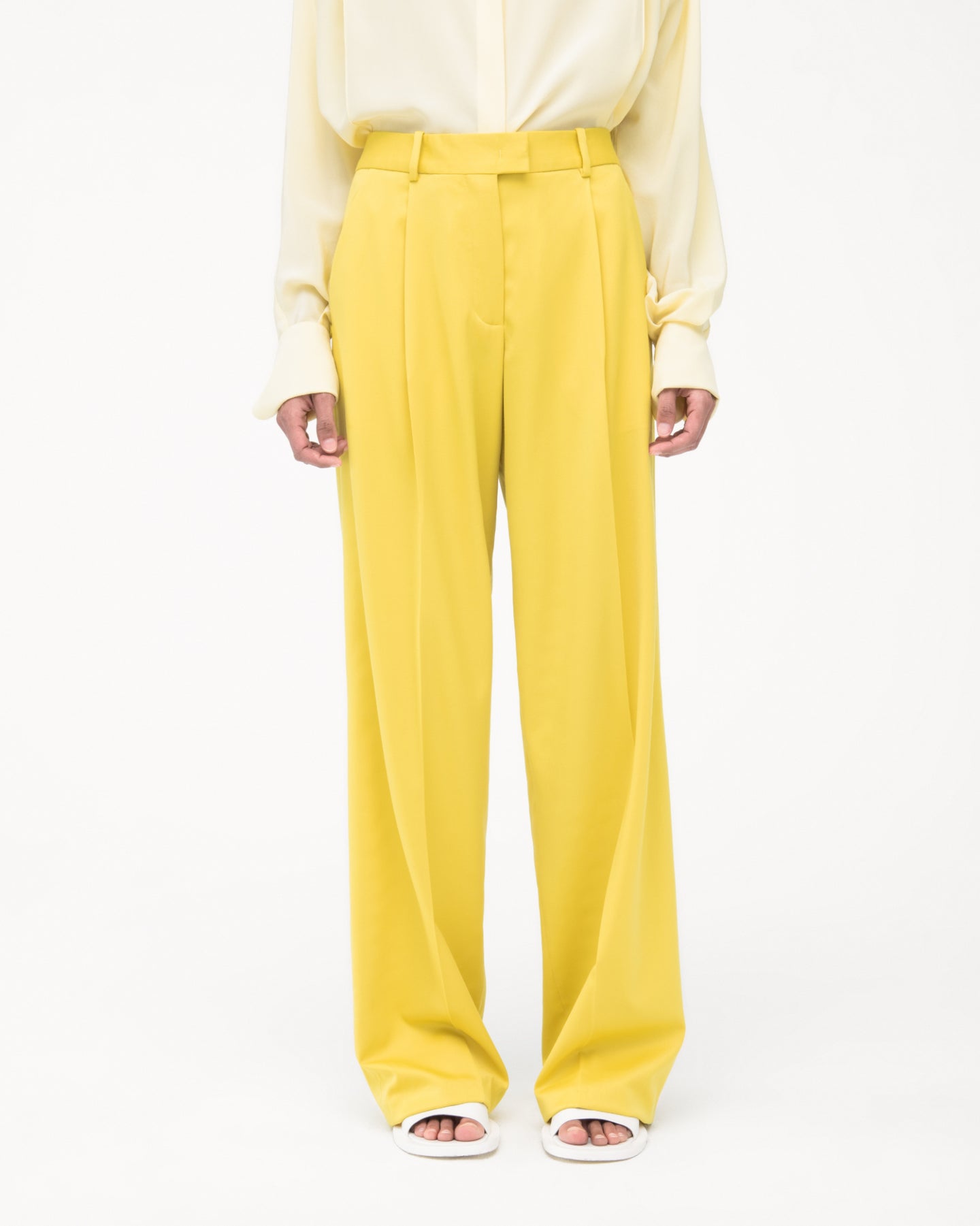 Another Tomorrow Relaxed Wide Leg Pant in Bright Chartreuse – Wool Women's Trousers