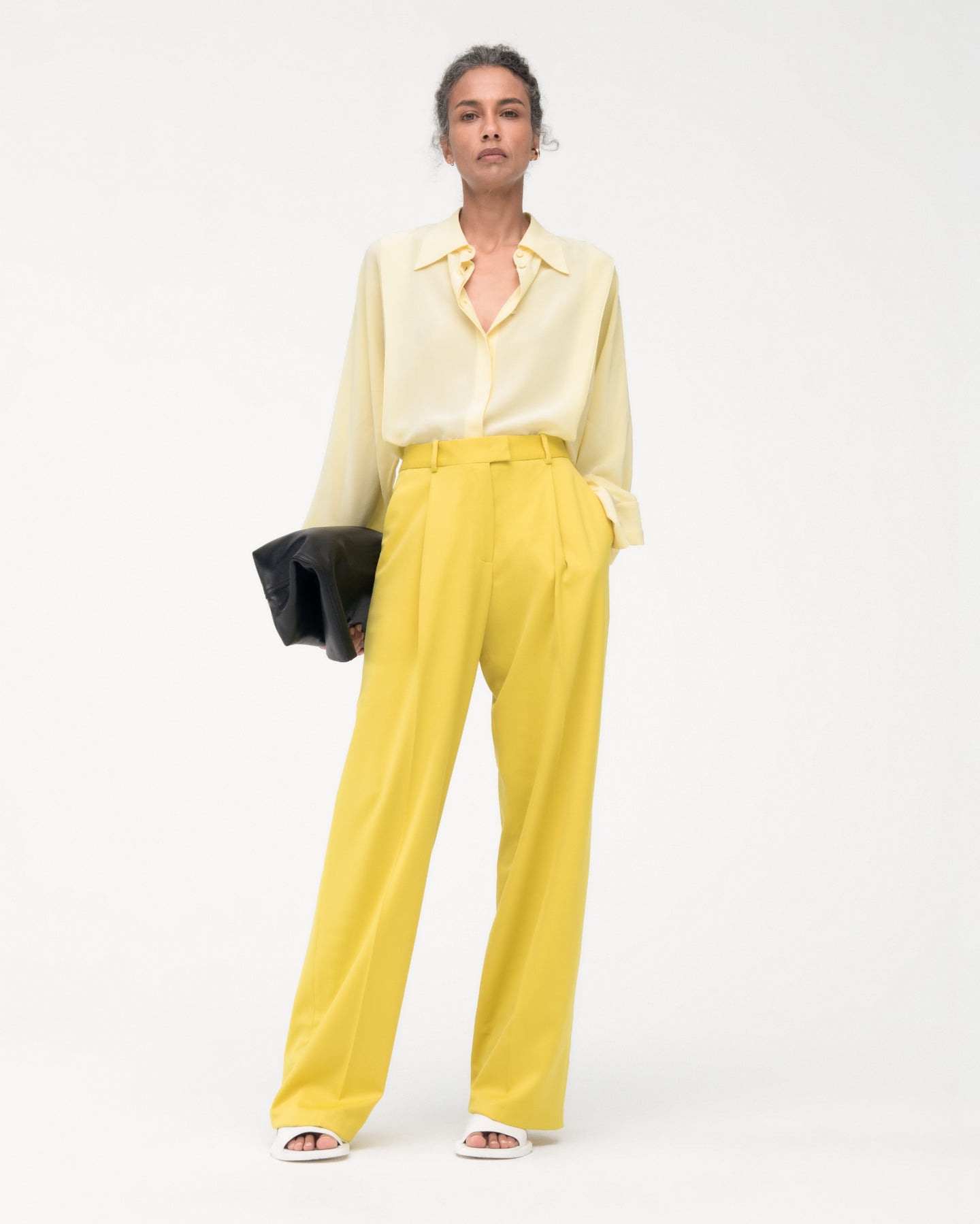 Another Tomorrow Relaxed Wide Leg Pant in Bright Chartreuse – Wool Women's Trousers