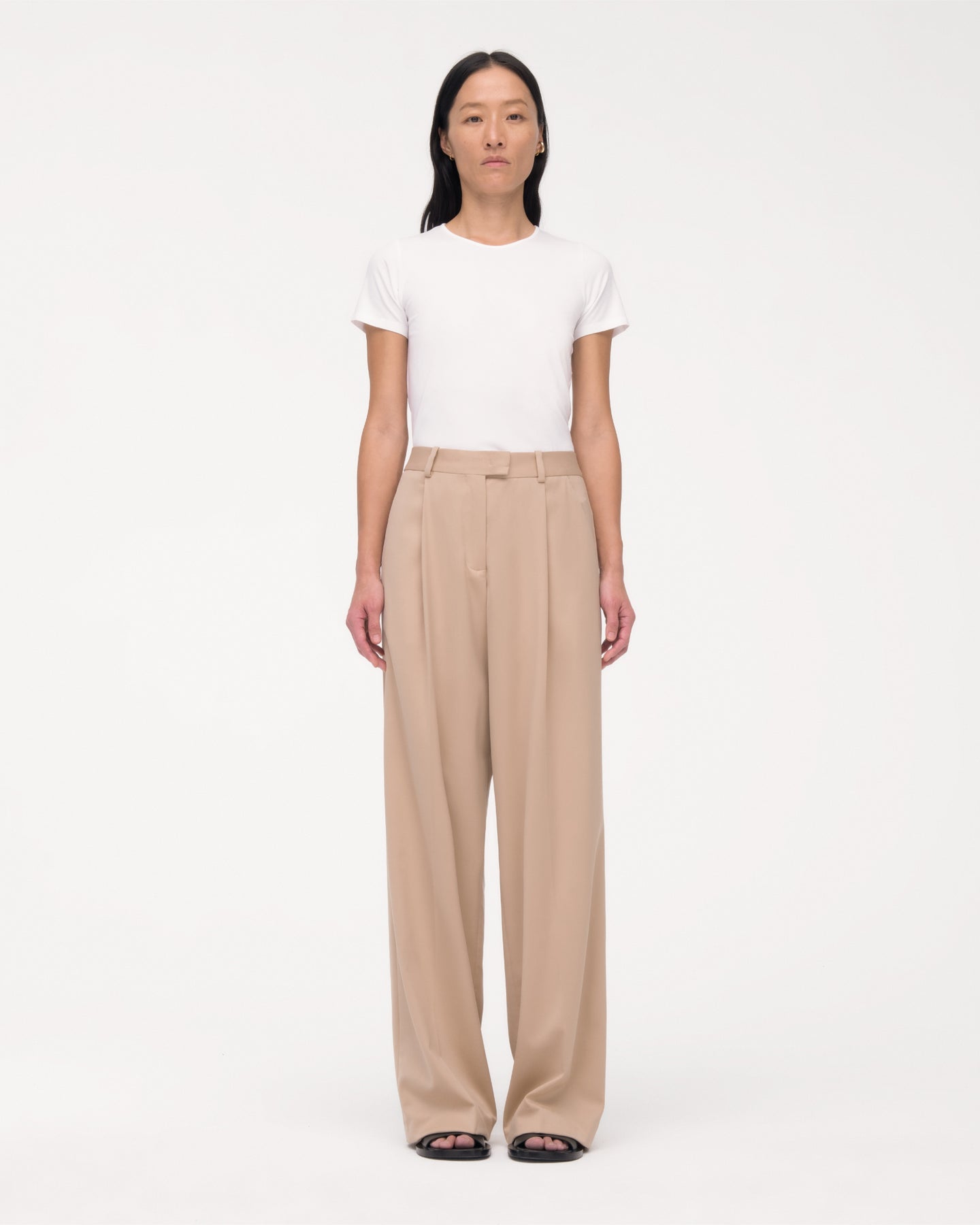 Another Tomorrow Relaxed Wide Leg Pant in Khaki – Wool Women's Trousers