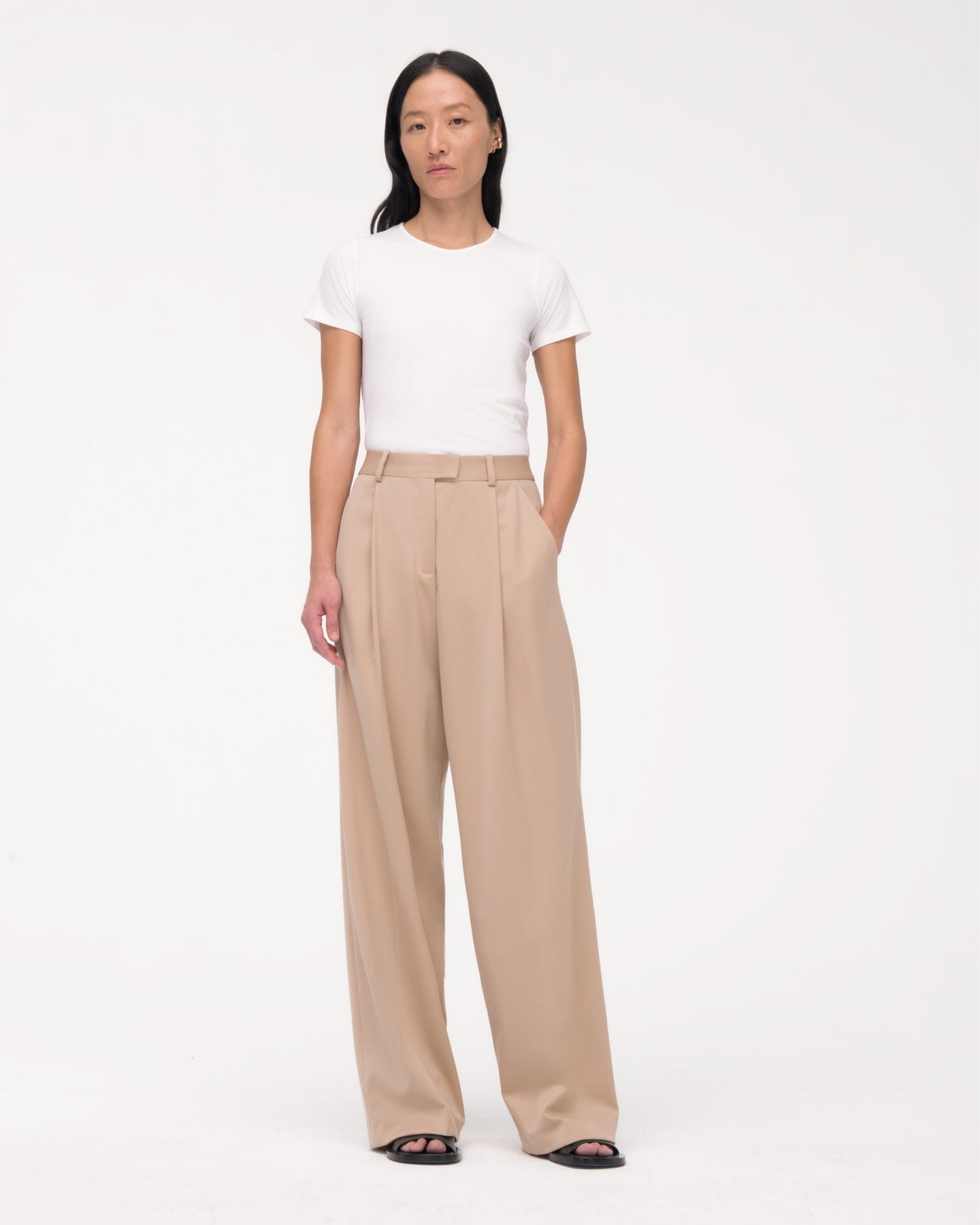 Another Tomorrow Relaxed Wide Leg Pant in Khaki – Wool Women's Trousers