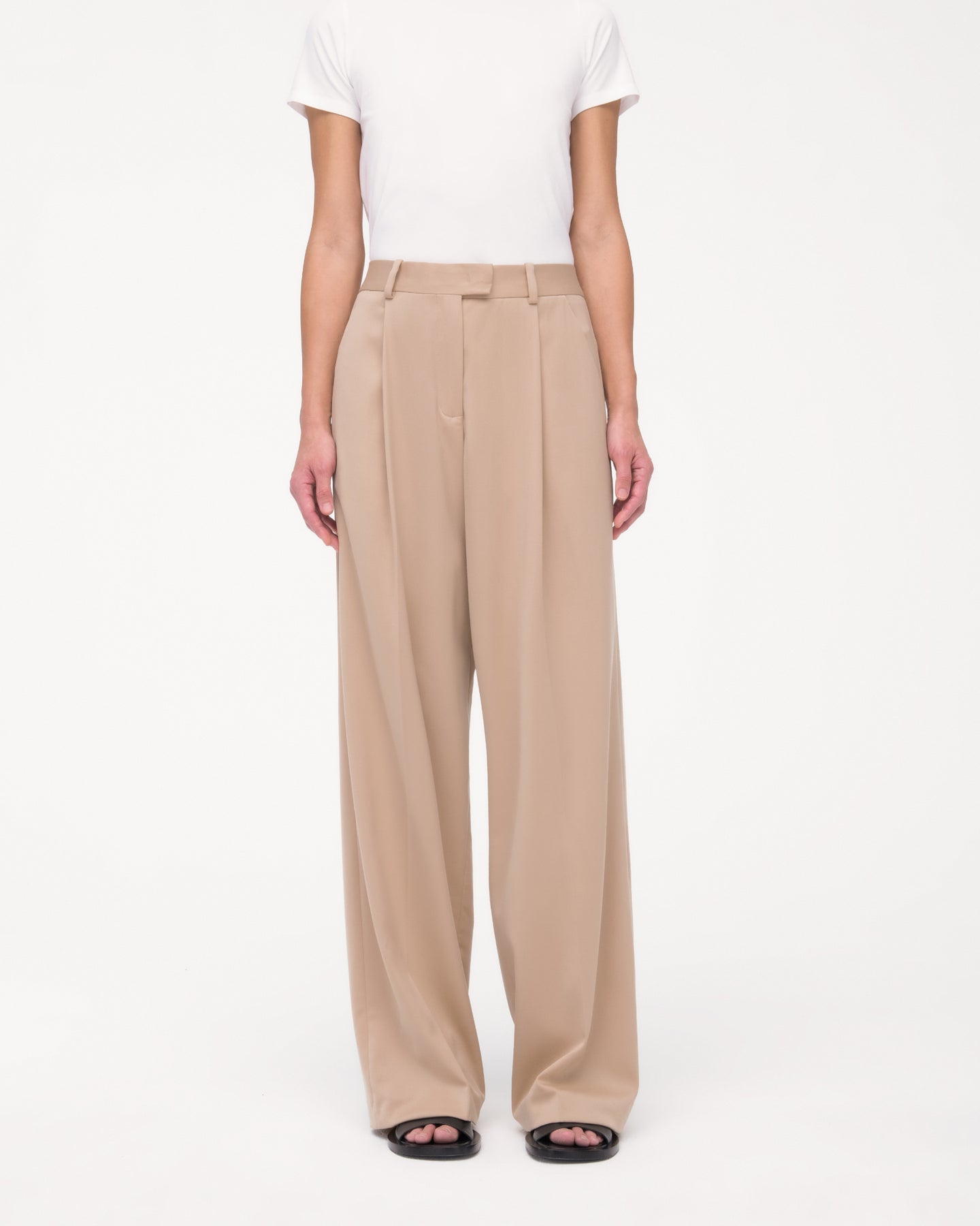 Another Tomorrow Relaxed Wide Leg Pant in Khaki – Wool Women's Trousers