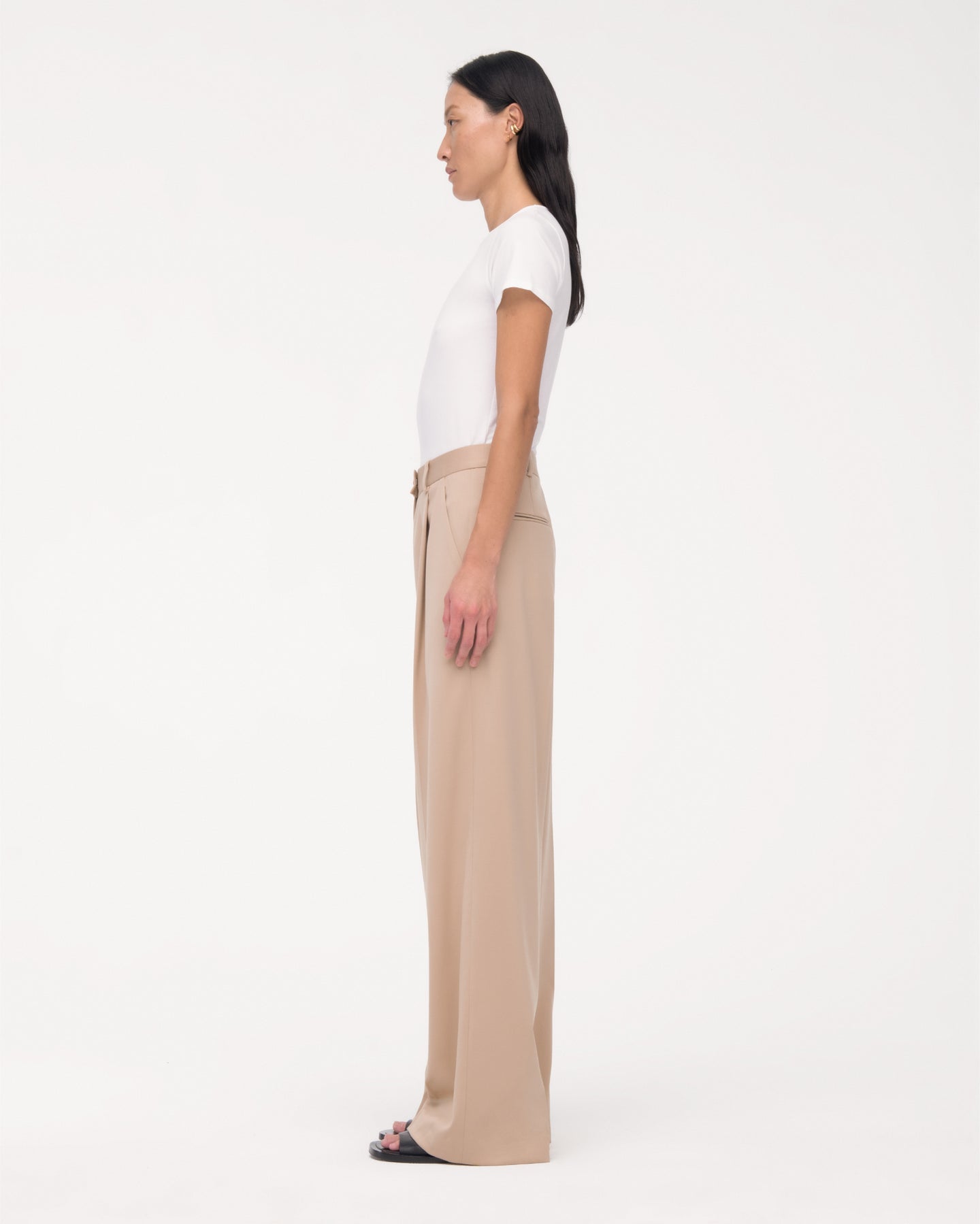 Another Tomorrow Relaxed Wide Leg Pant in Khaki – Wool Women's Trousers