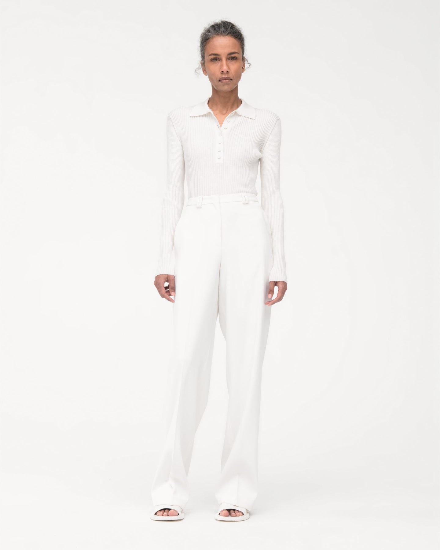 Another Tomorrow Ribbed Knit Polo in Off White – Silk Women's Knitwear
