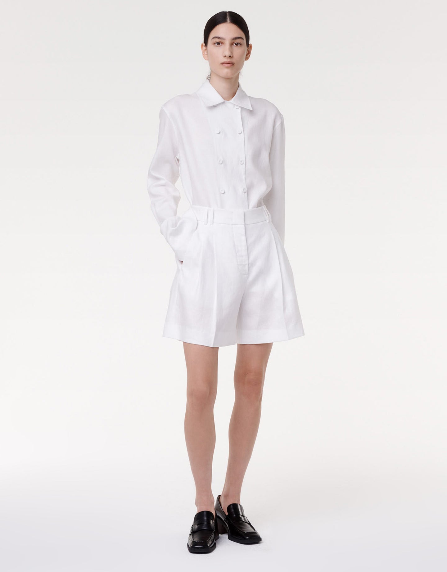 Another Tomorrow Pleated Shorts in White – Linen Women's Trousers