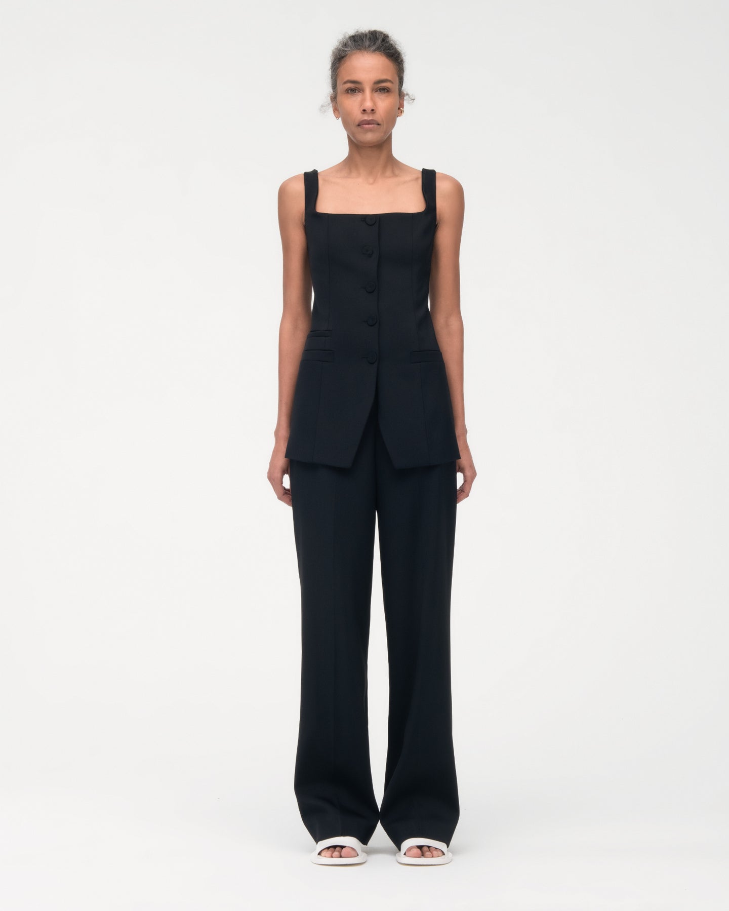Another Tomorrow Square Neck Buttoned Top in Black – Viscose Women's Top