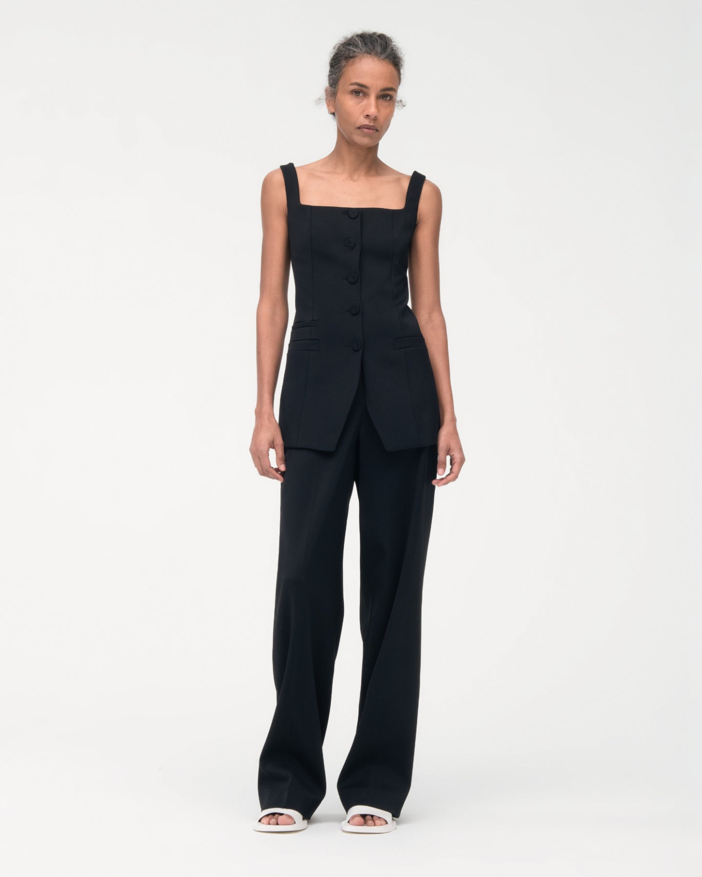 Another Tomorrow Square Neck Buttoned Top in Black – Viscose Women's Top