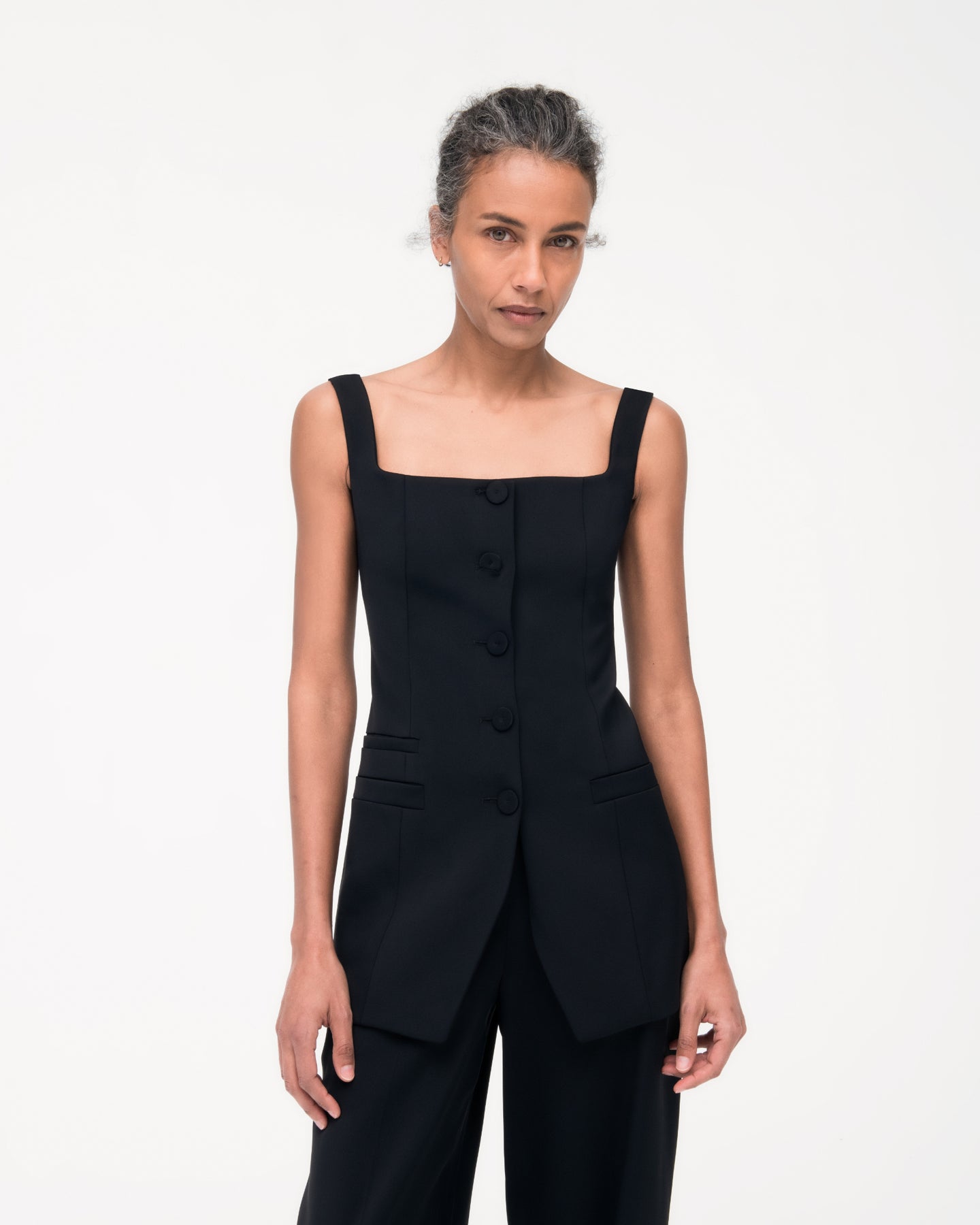 Another Tomorrow Square Neck Buttoned Top in Black – Viscose Women's Top