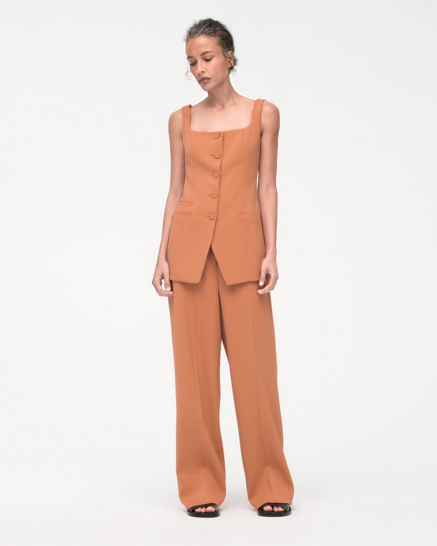 Another Tomorrow Square Neck Buttoned Top in Clay – Viscose Women's Top