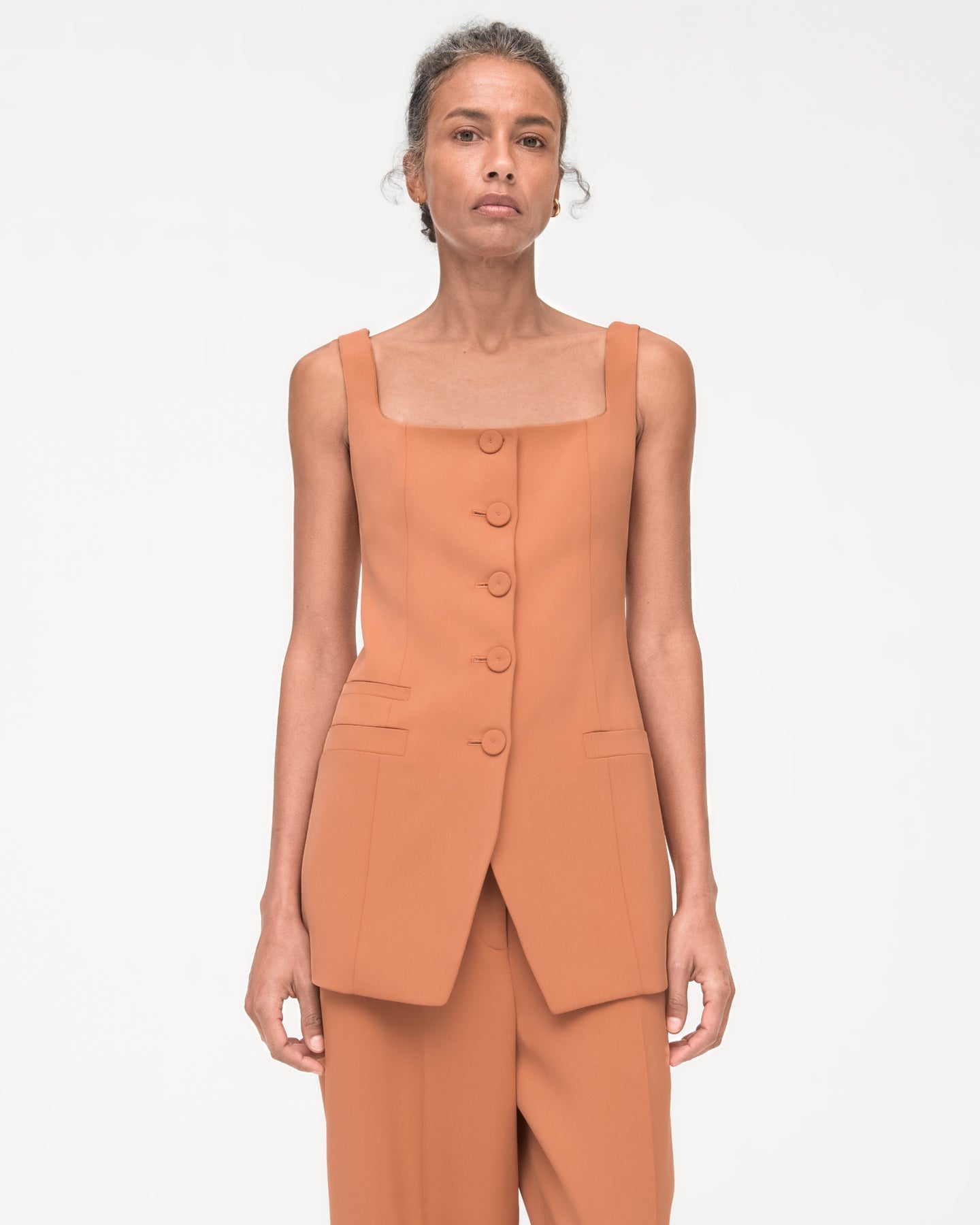 Another Tomorrow Square Neck Buttoned Top in Clay – Viscose Women's Top