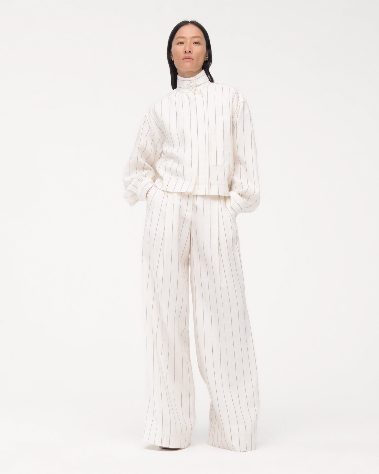 Another Tomorrow Mock Neck Pleat Shirt in Black/Off White – Linen Women's Top