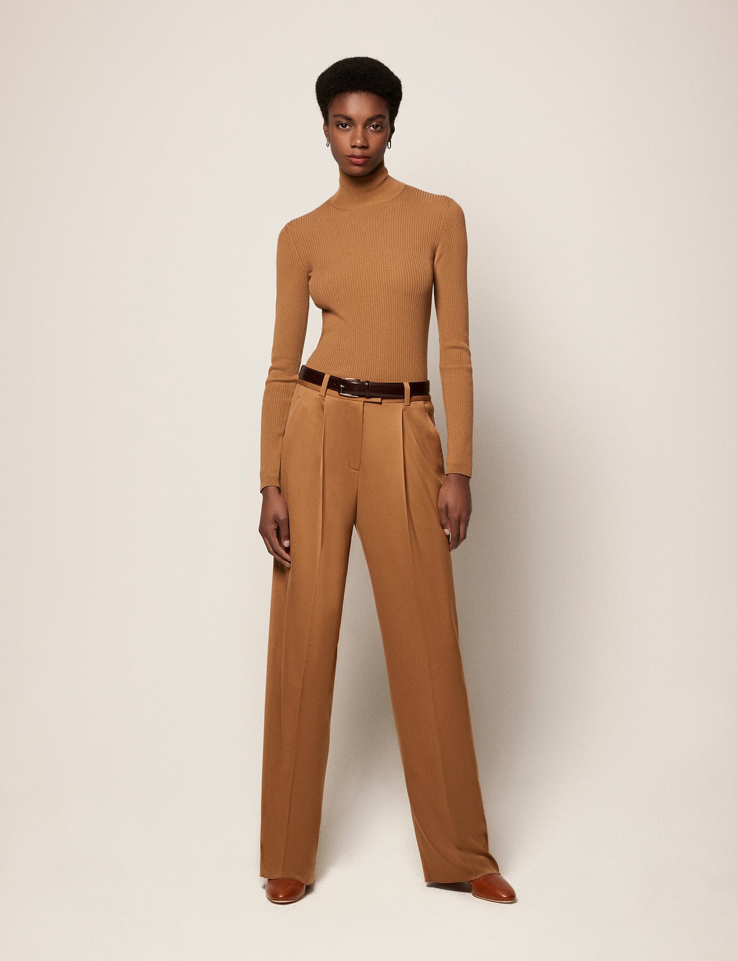 Another Tomorrow Ribbed Turtleneck in Vicuna – Wool Women's Knitwear