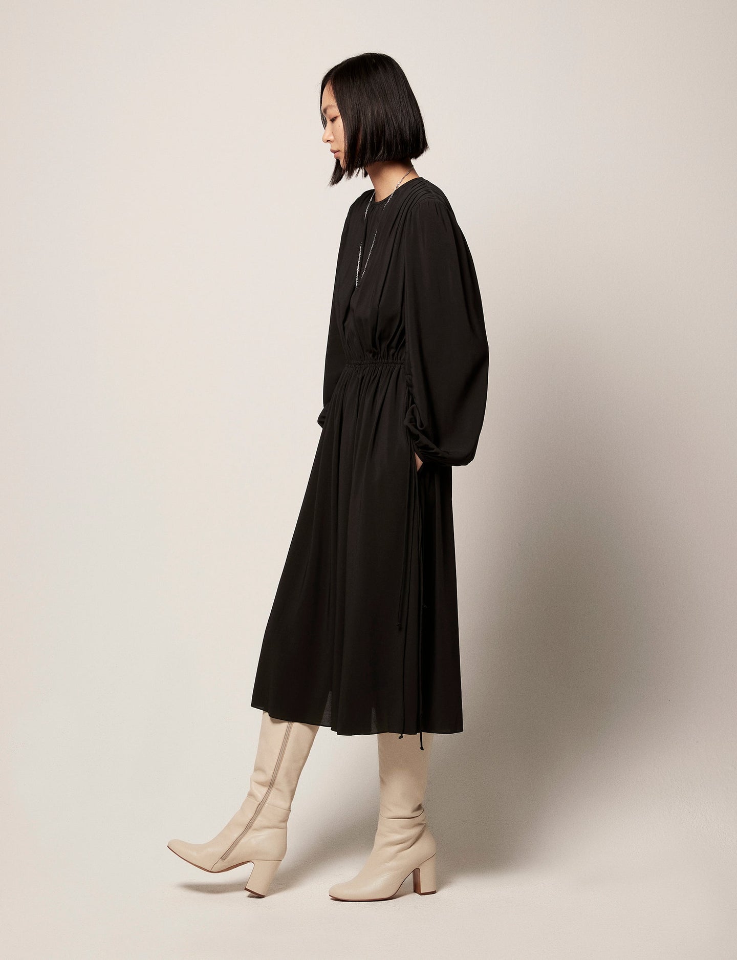 Another Tomorrow Drawstring Gathered Dress in Black – Viscose Women's Dress