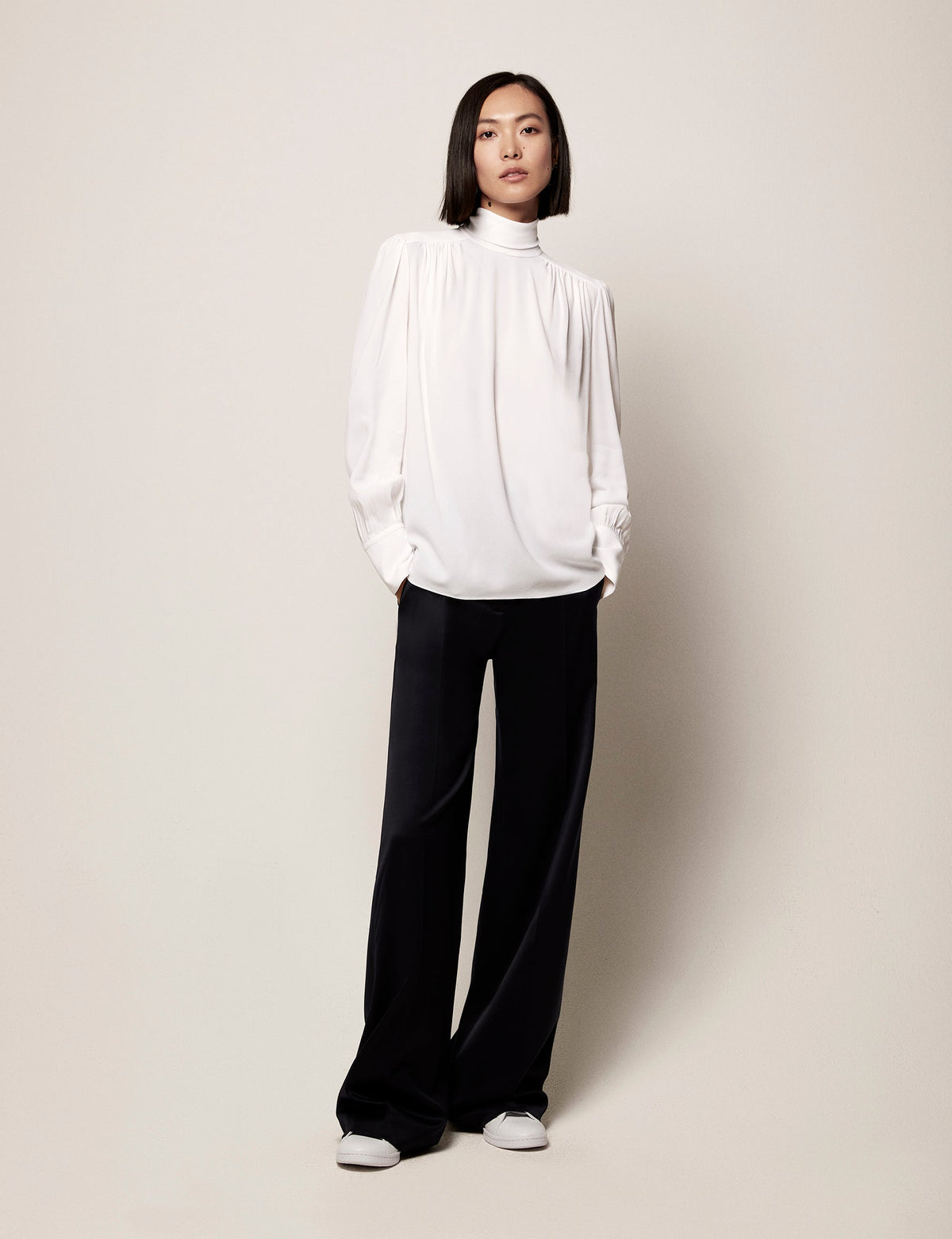 Another Tomorrow High Neck Blouse in White – Viscose Women's Top