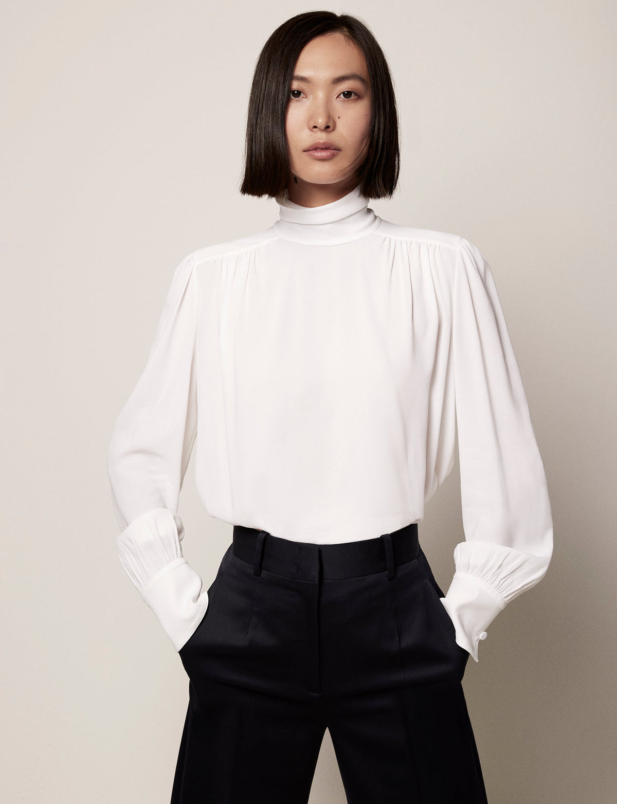 Another Tomorrow High Neck Blouse in White – Viscose Women's Top