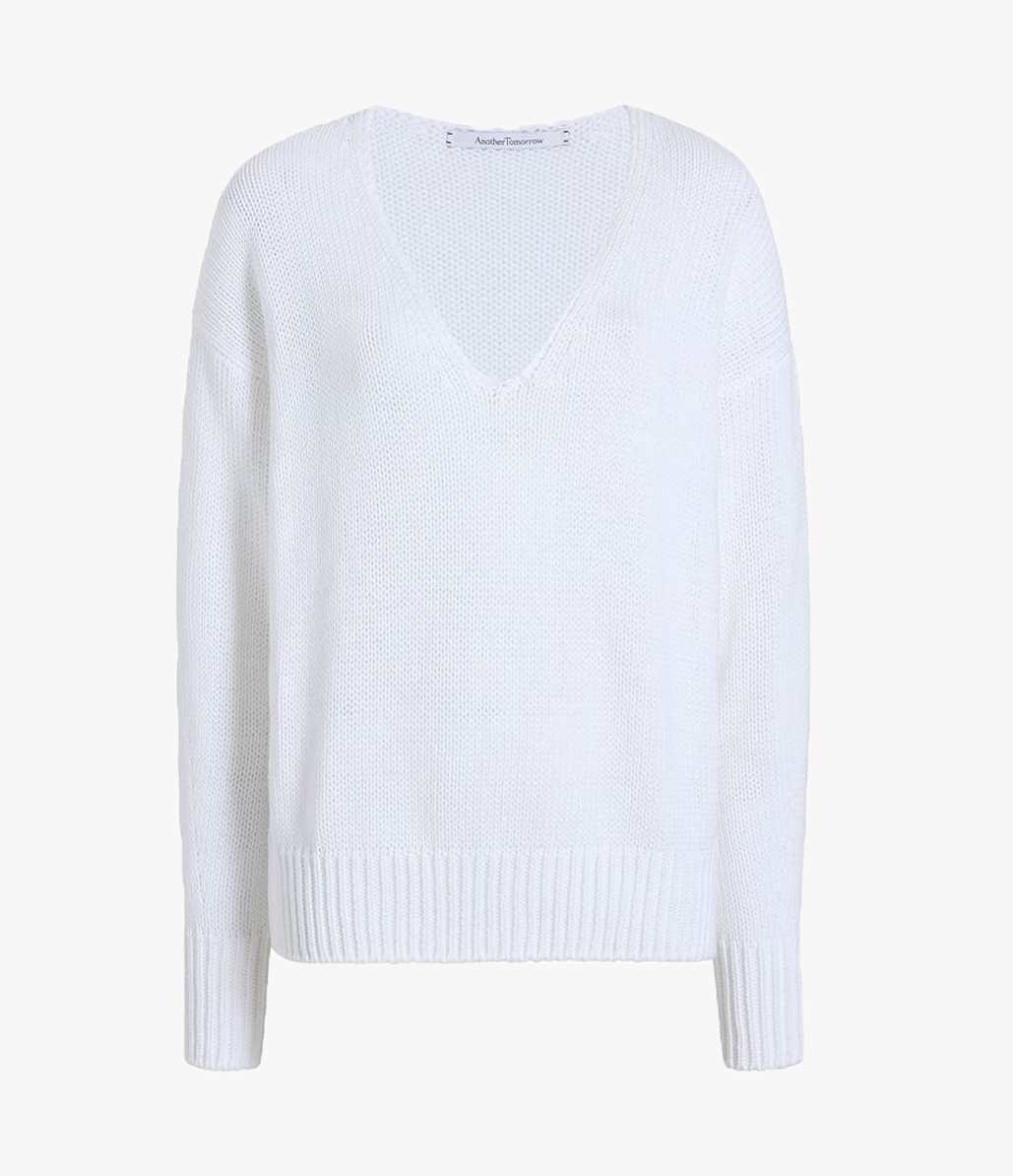 Another Tomorrow Draped Knit V-Neck Sweater in White – Cotton Women's Knitwear