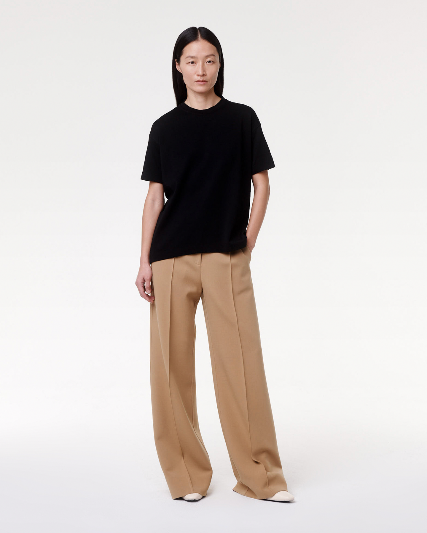 Another Tomorrow Luxe Seamed Short Sleeve in Black – Cotton Women's Trousers