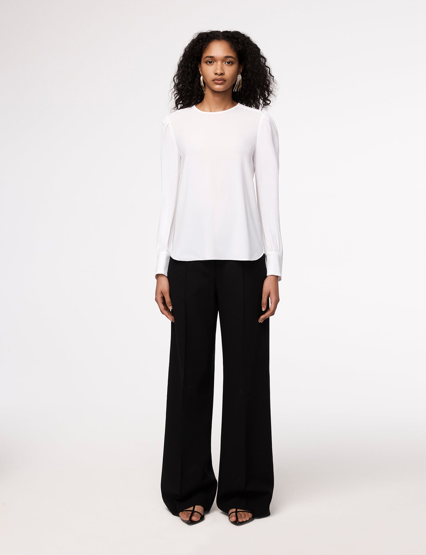 Another Tomorrow Gathered Sleeve Crewneck Blouse in White – Viscose Women's Knitwear