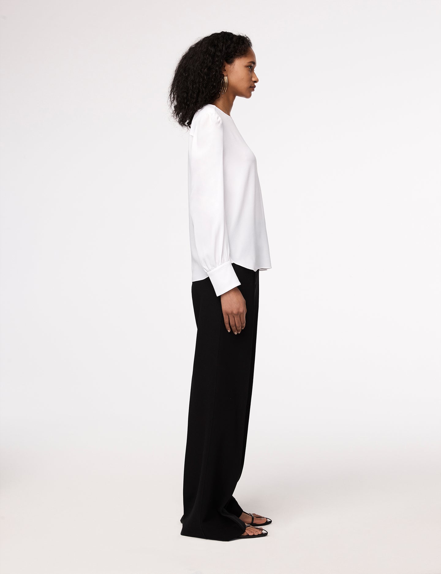 Another Tomorrow Gathered Sleeve Crewneck Blouse in White – Viscose Women's Knitwear