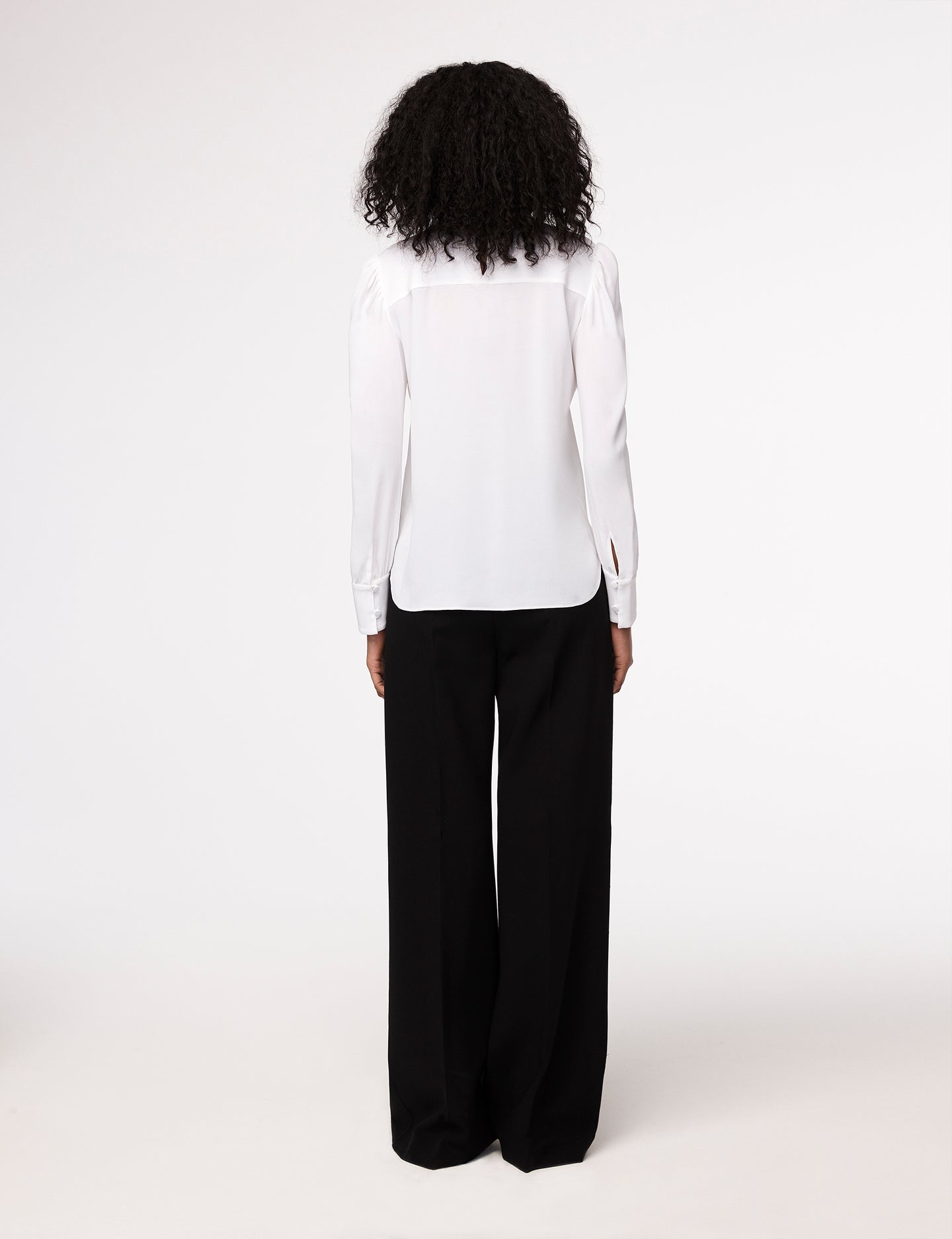 Another Tomorrow Gathered Sleeve Crewneck Blouse in White – Viscose Women's Knitwear