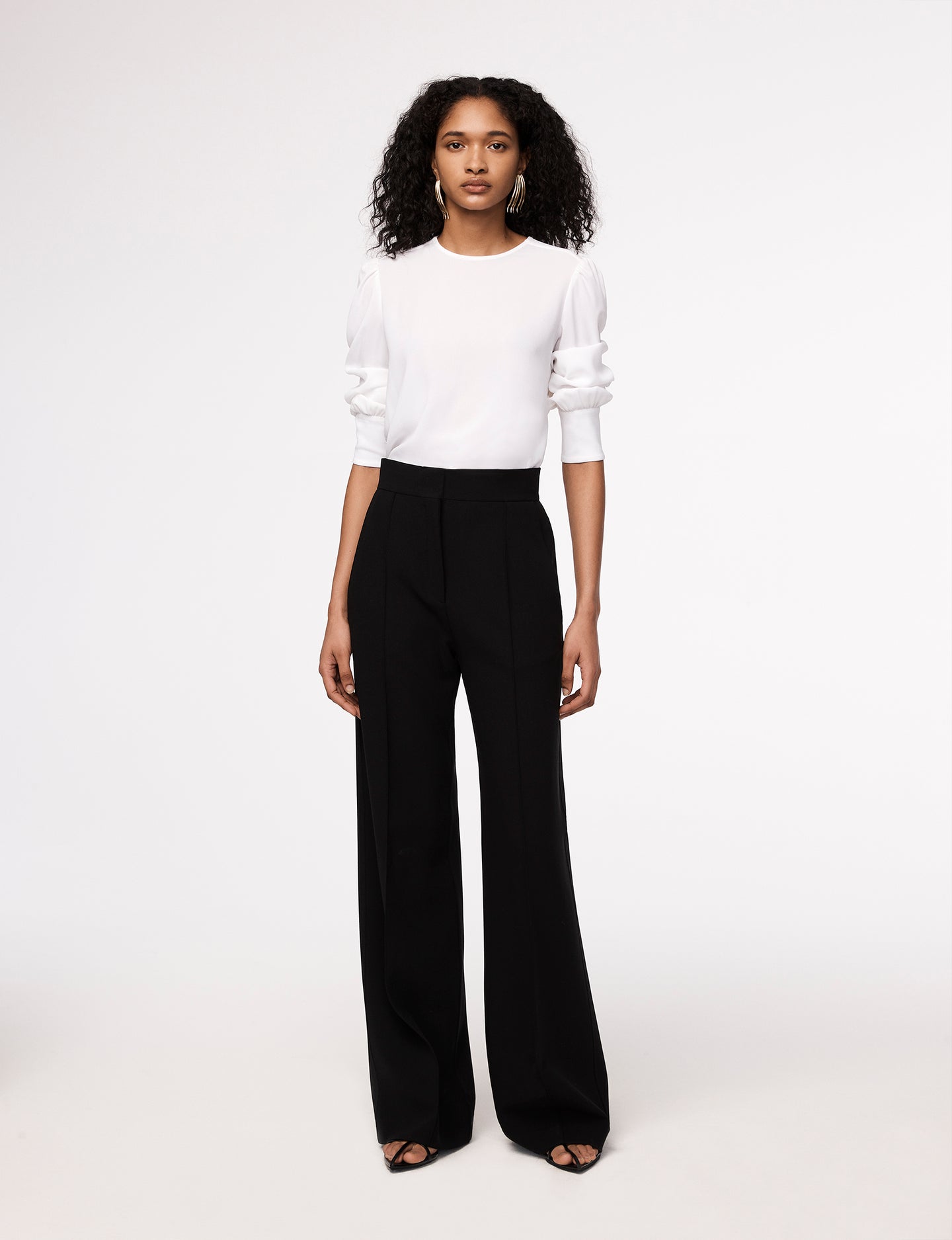 Another Tomorrow Gathered Sleeve Crewneck Blouse in White – Viscose Women's Knitwear