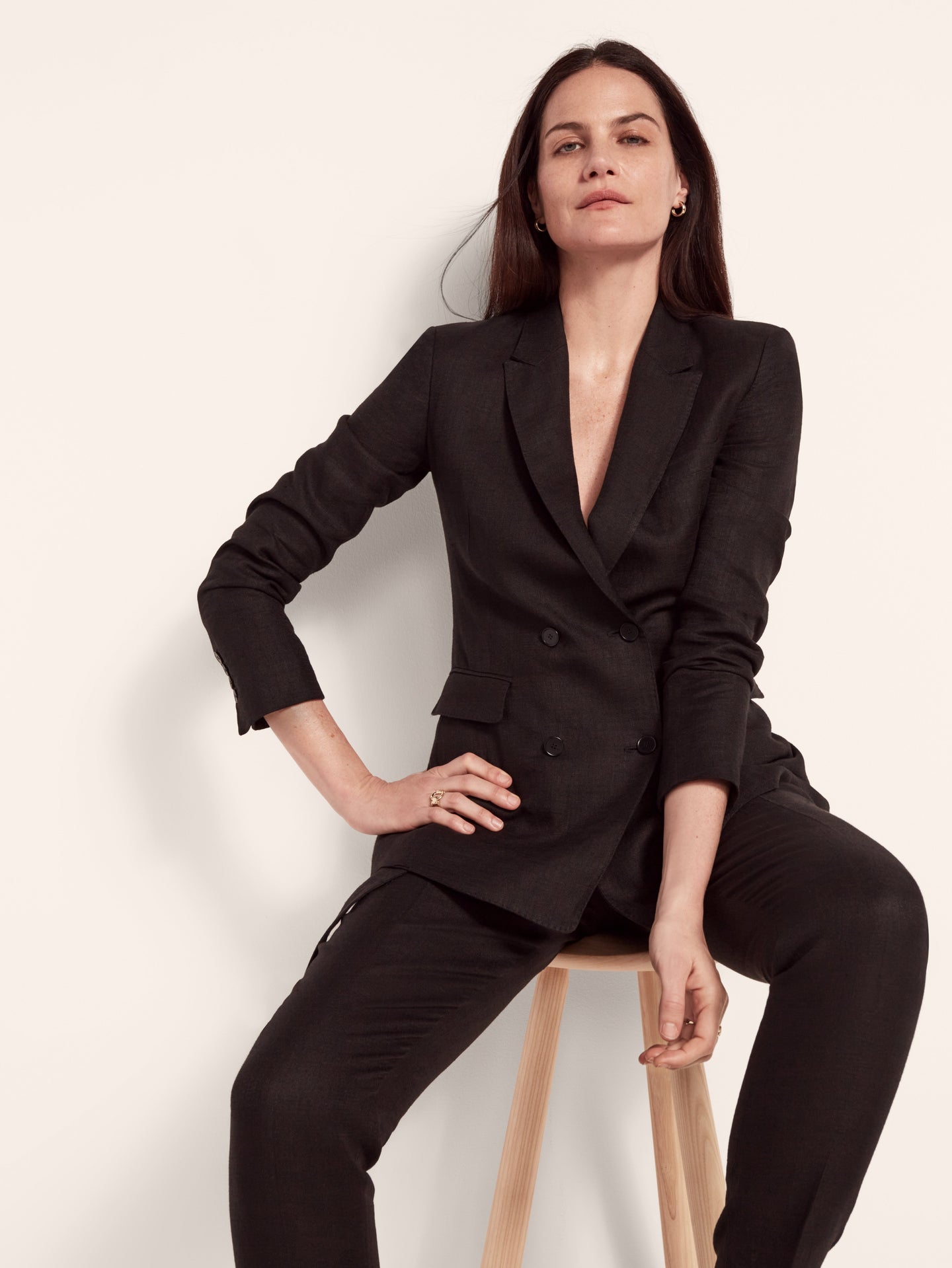 Another Tomorrow Double-Breasted Linen Jacket in Black – Linen Women's Jacket