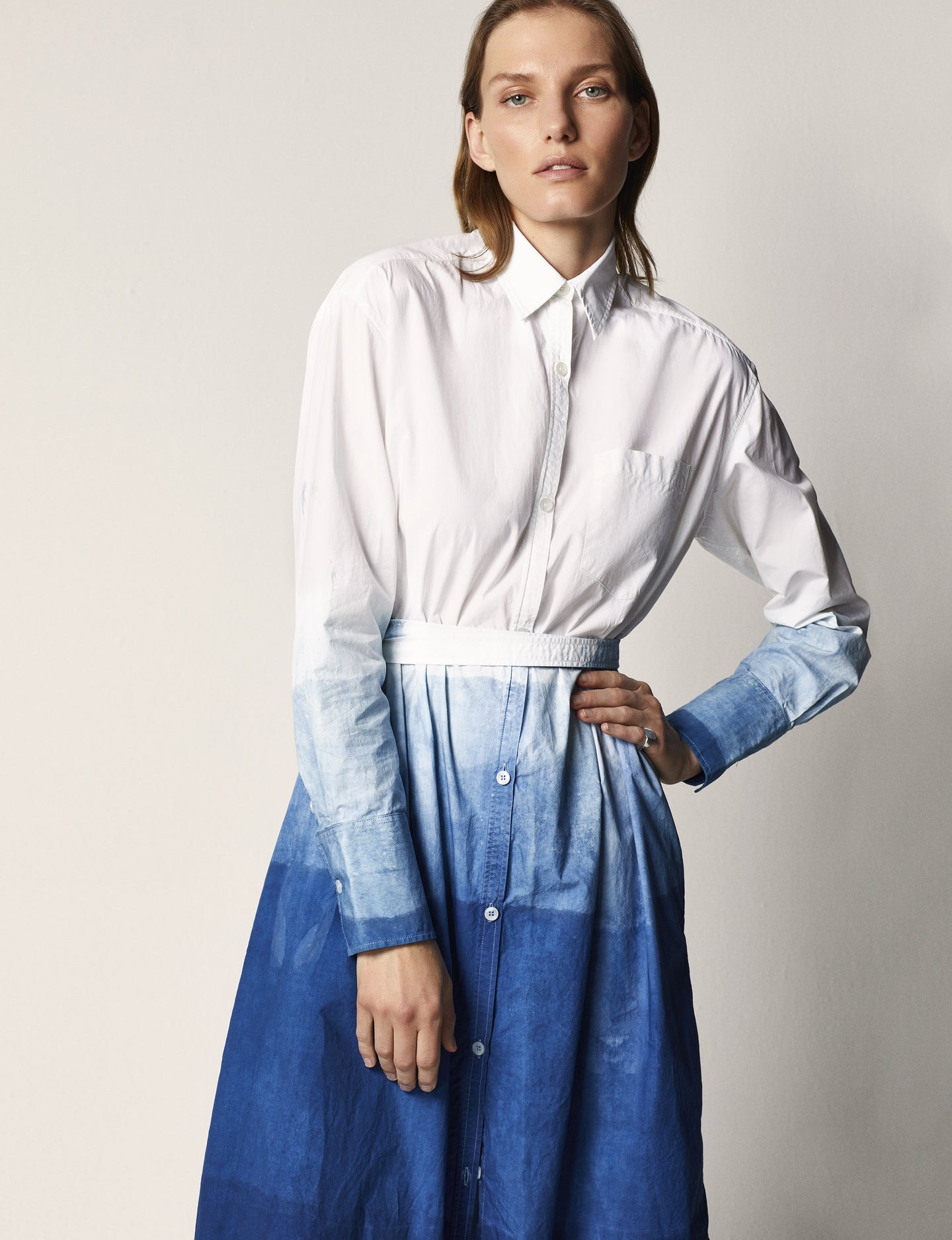 Another Tomorrow Dip Dye Shirt Dress in Indigo Dip Dye – Cotton Women's Dress