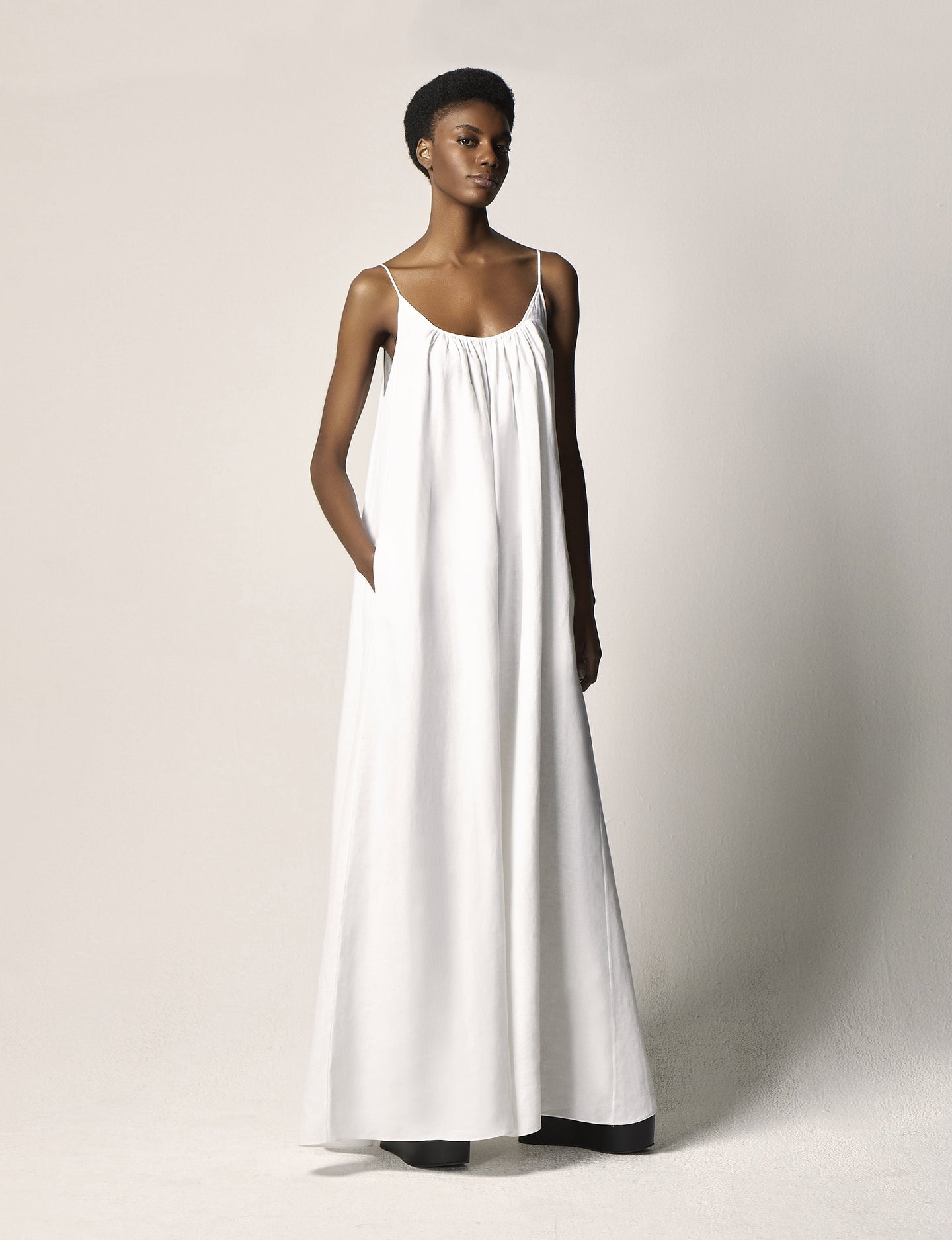 Another Tomorrow Gathered Summer Dress in White – Linen Women's Dress
